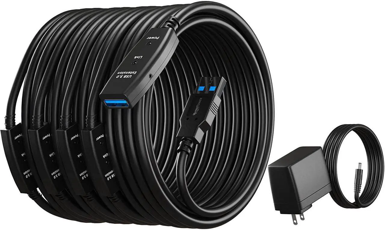 Main image of 100 Feet Active USB Extension Cable 3.0 Male to Female with 3 Extension chipsets Signal Booster - Active Extension/Repeater Cord 30 Meters / 100 Feet (AC Power Supply Included)
