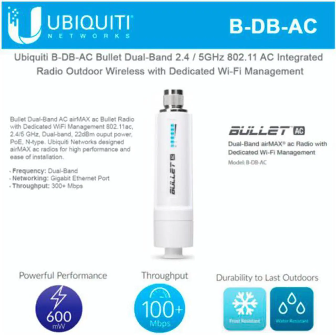 Main image of Ubiquiti Networks B-DB-AC Bullet Antenna Dual-Band Radio 802.11ac Wireless