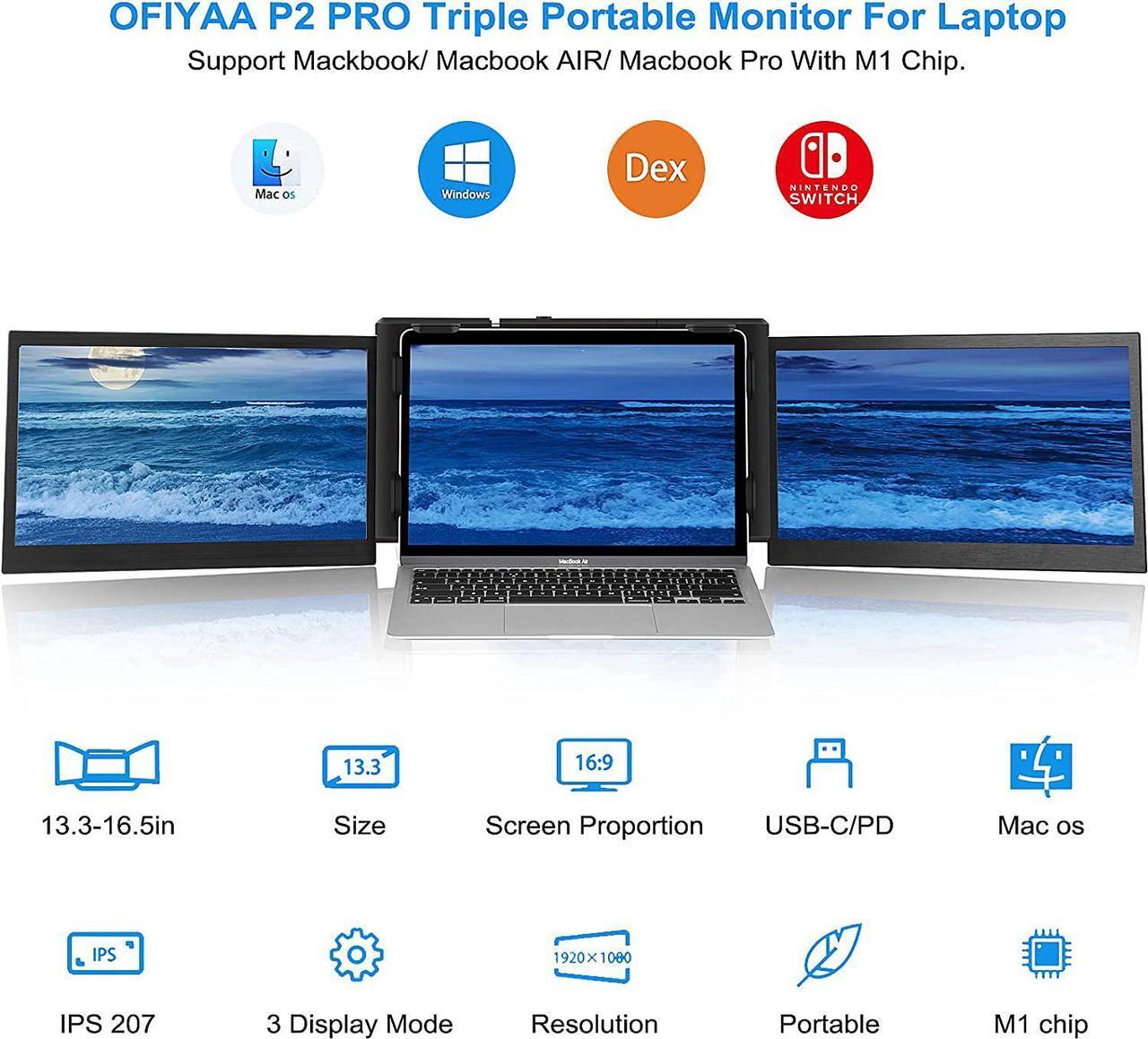 Alt view image 2 of 6 - Portable Triple Monitor for Laptop, 13.3  Laptop Monitor Screen External Dual Screen Extender with One Cable Connect for 13-16.5 Mac Windows Chrome Laptop/MacBook PC/PS5/Switch