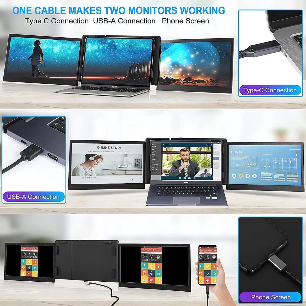 Alt view image 3 of 6 - Portable Triple Monitor for Laptop, 13.3  Laptop Monitor Screen External Dual Screen Extender with One Cable Connect for 13-16.5 Mac Windows Chrome Laptop/MacBook PC/PS5/Switch
