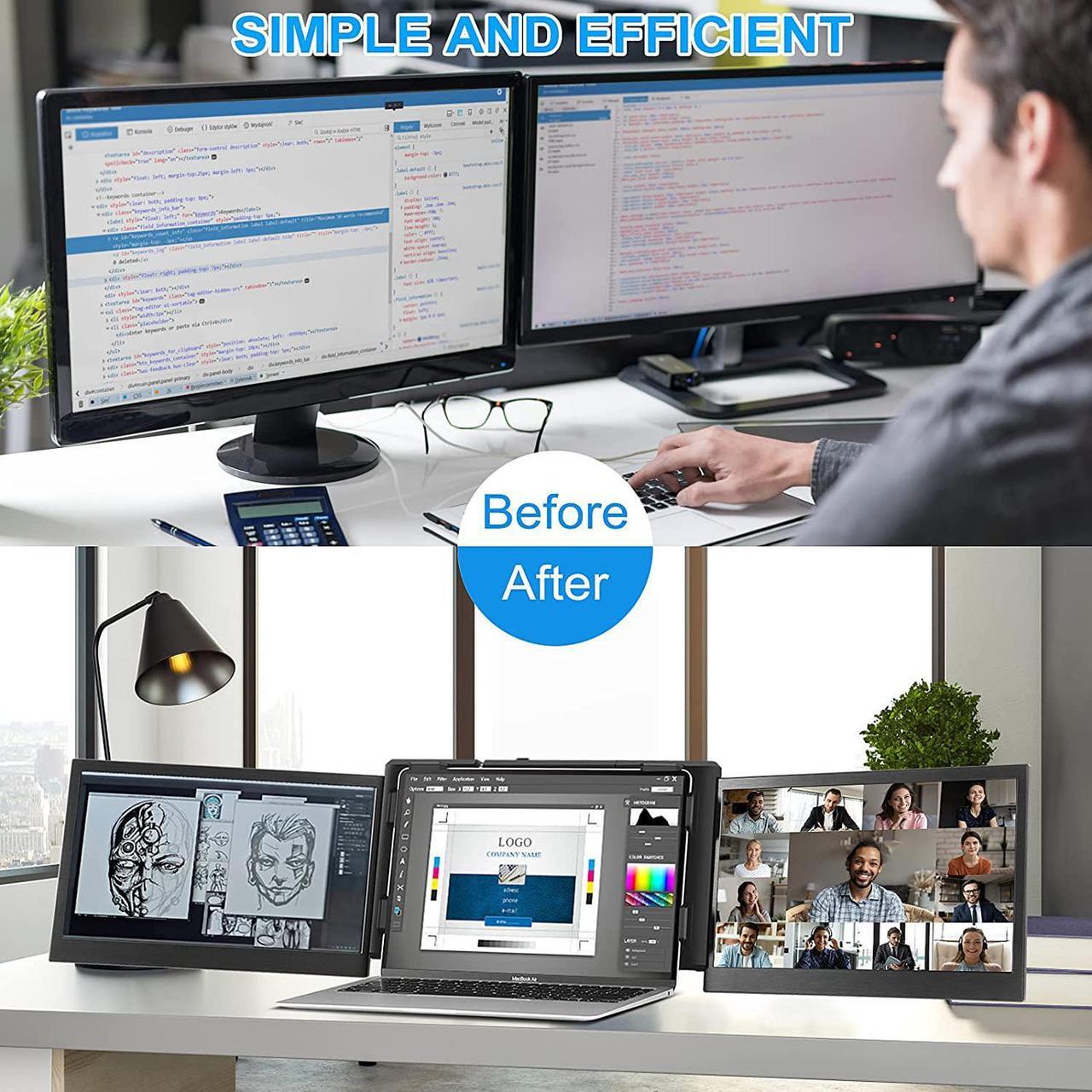 Alt view image 5 of 6 - Portable Triple Monitor for Laptop, 13.3  Laptop Monitor Screen External Dual Screen Extender with One Cable Connect for 13-16.5 Mac Windows Chrome Laptop/MacBook PC/PS5/Switch