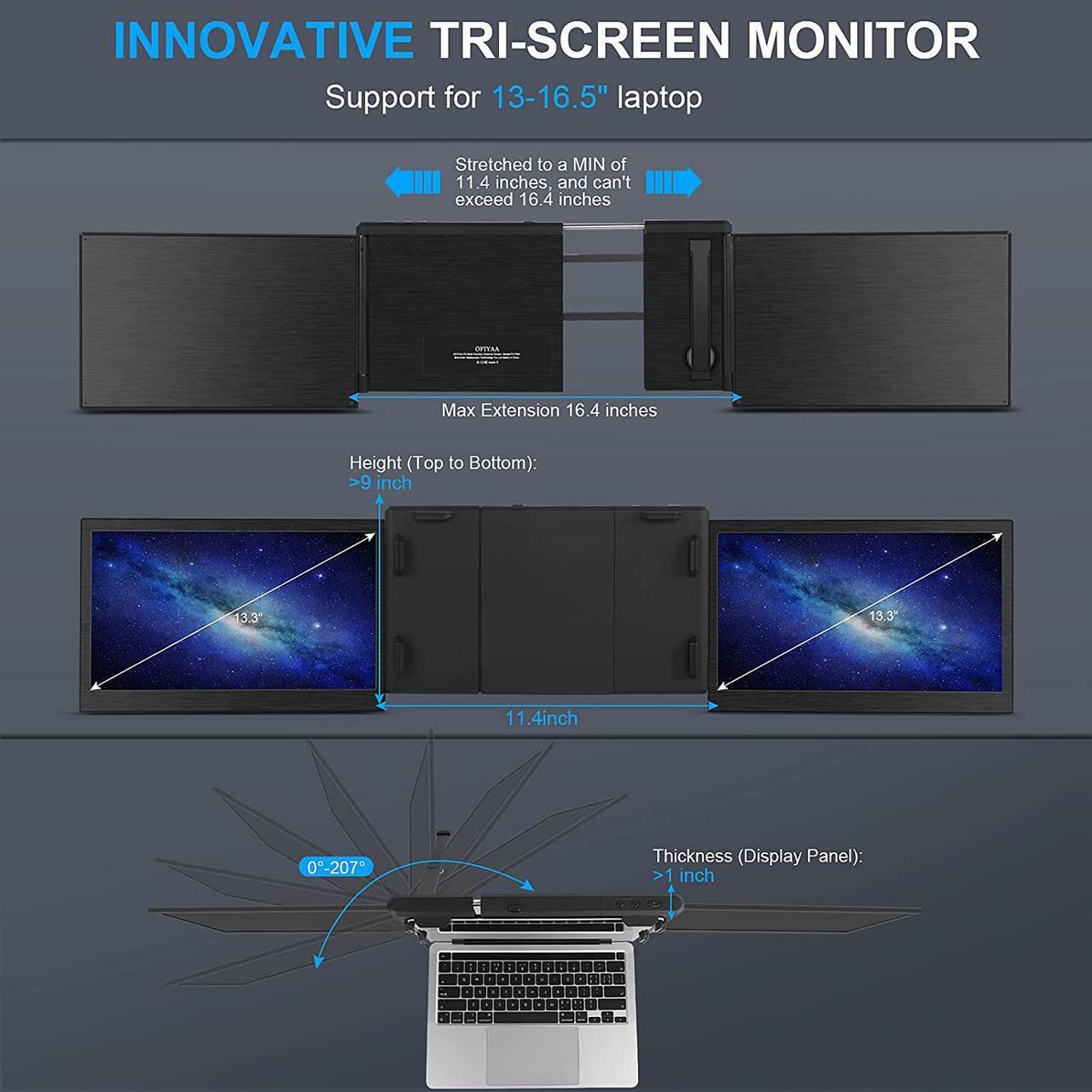 Alt view image 4 of 6 - Portable Triple Monitor for Laptop, 13.3  Laptop Monitor Screen External Dual Screen Extender with One Cable Connect for 13-16.5 Mac Windows Chrome Laptop/MacBook PC/PS5/Switch