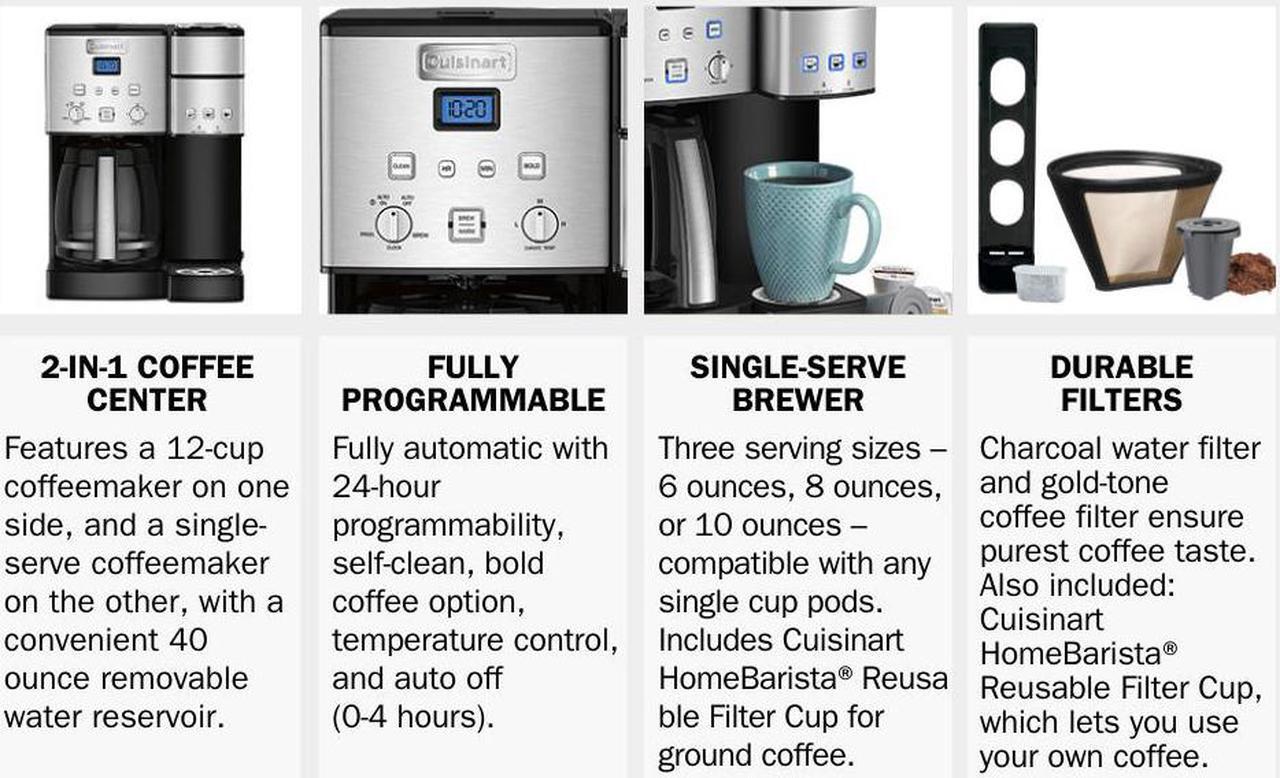 Alt view image 3 of 7 - Cuisinart Coffee Center 12-Cup Coffee Maker and Single-Serve Brewer, Single Serve Brewer Offers 3-Sizes6-Ounces, 8-Ounces and 10-Ounces, Stainless Steel/Black - SS-15P1