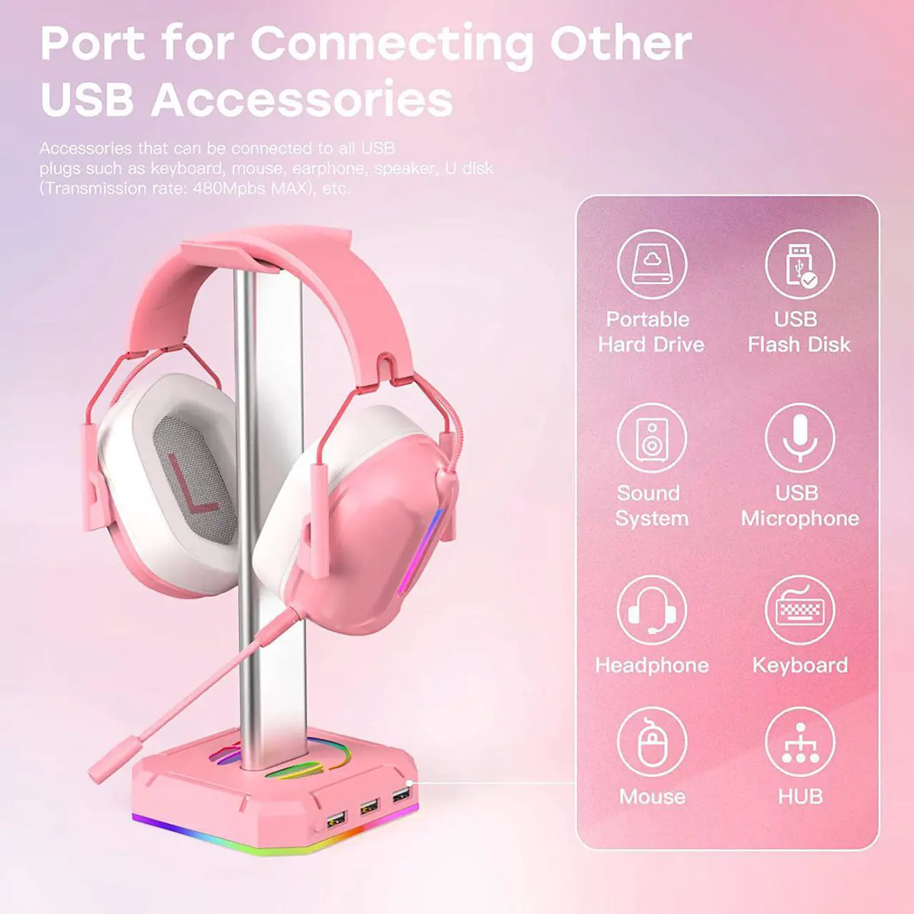 Alt view image 2 of 7 - Pink Headphone Stand RGB Lights Gaming Headset holder with Three USB Port for Desktop PC Game Accessories,Aluminium Connecting Rod, Light Toggles and Turns Off,9 kinds of lighting modes