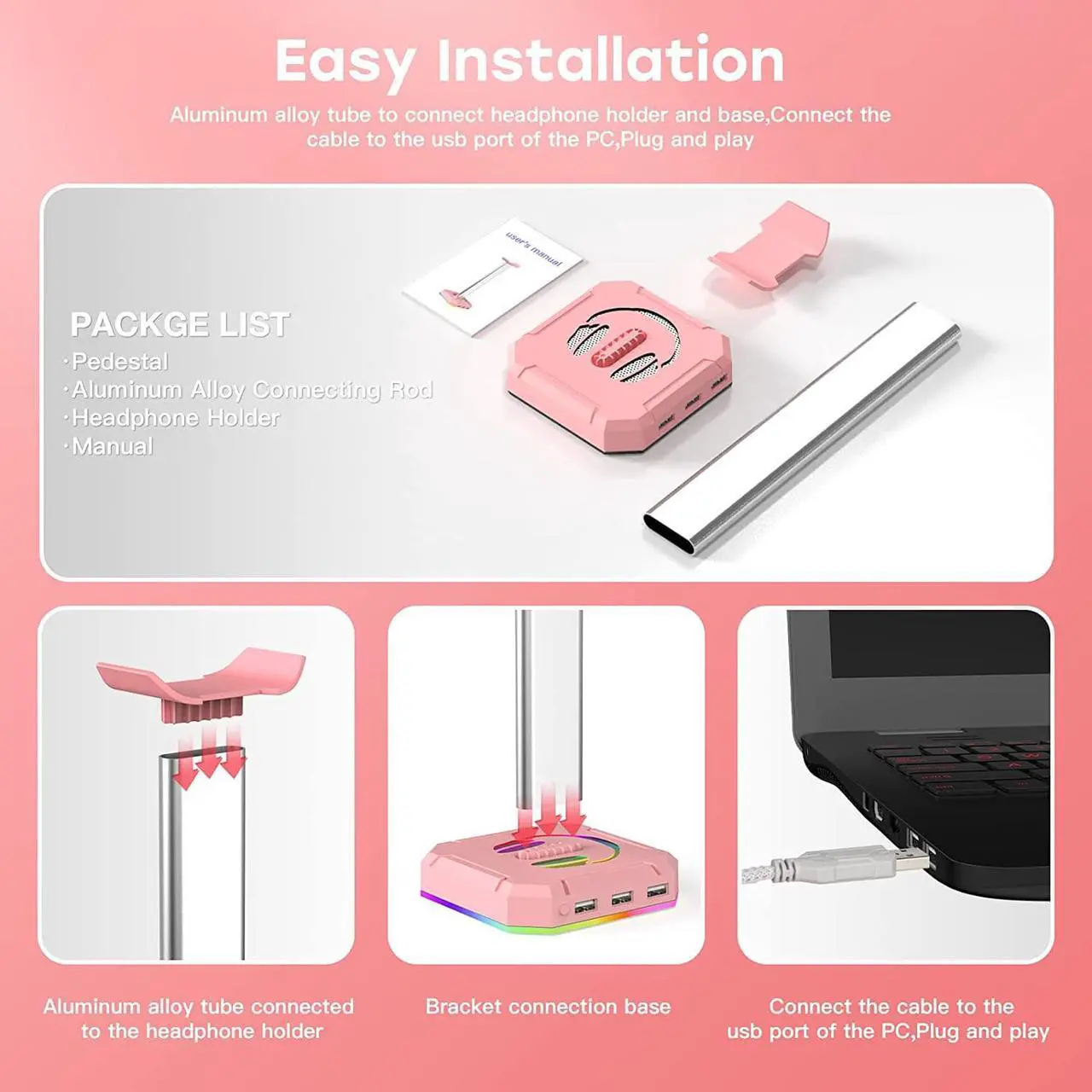 Alt view image 6 of 7 - Pink Headphone Stand RGB Lights Gaming Headset holder with Three USB Port for Desktop PC Game Accessories,Aluminium Connecting Rod, Light Toggles and Turns Off,9 kinds of lighting modes