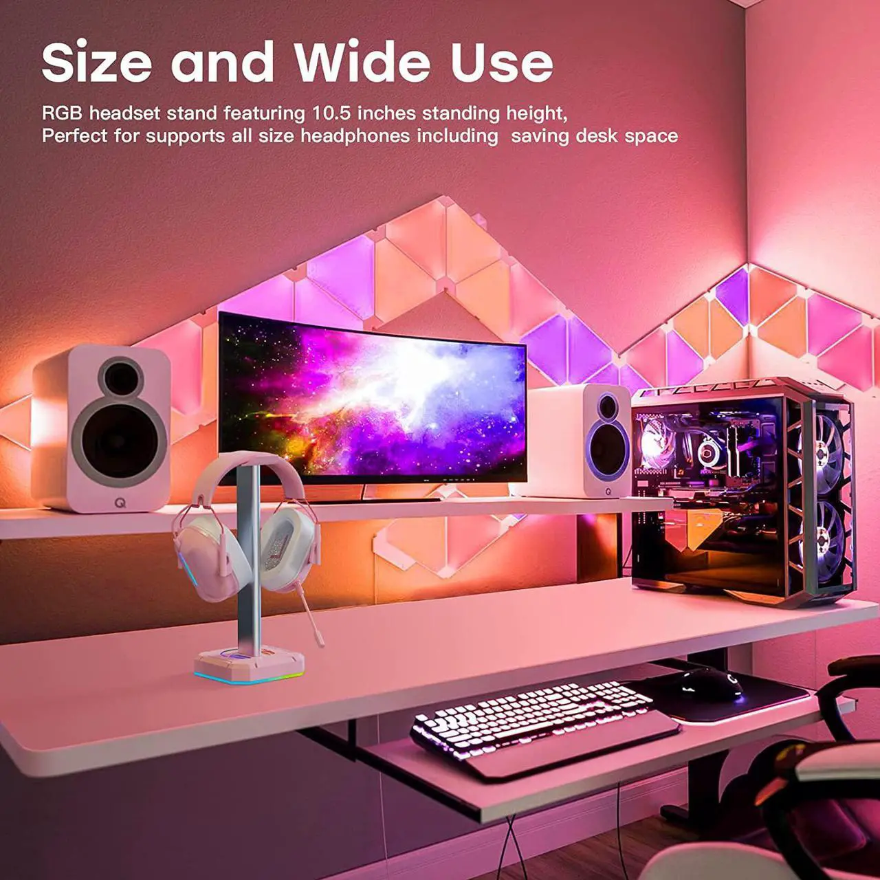 Alt view image 4 of 7 - Pink Headphone Stand RGB Lights Gaming Headset holder with Three USB Port for Desktop PC Game Accessories,Aluminium Connecting Rod, Light Toggles and Turns Off,9 kinds of lighting modes