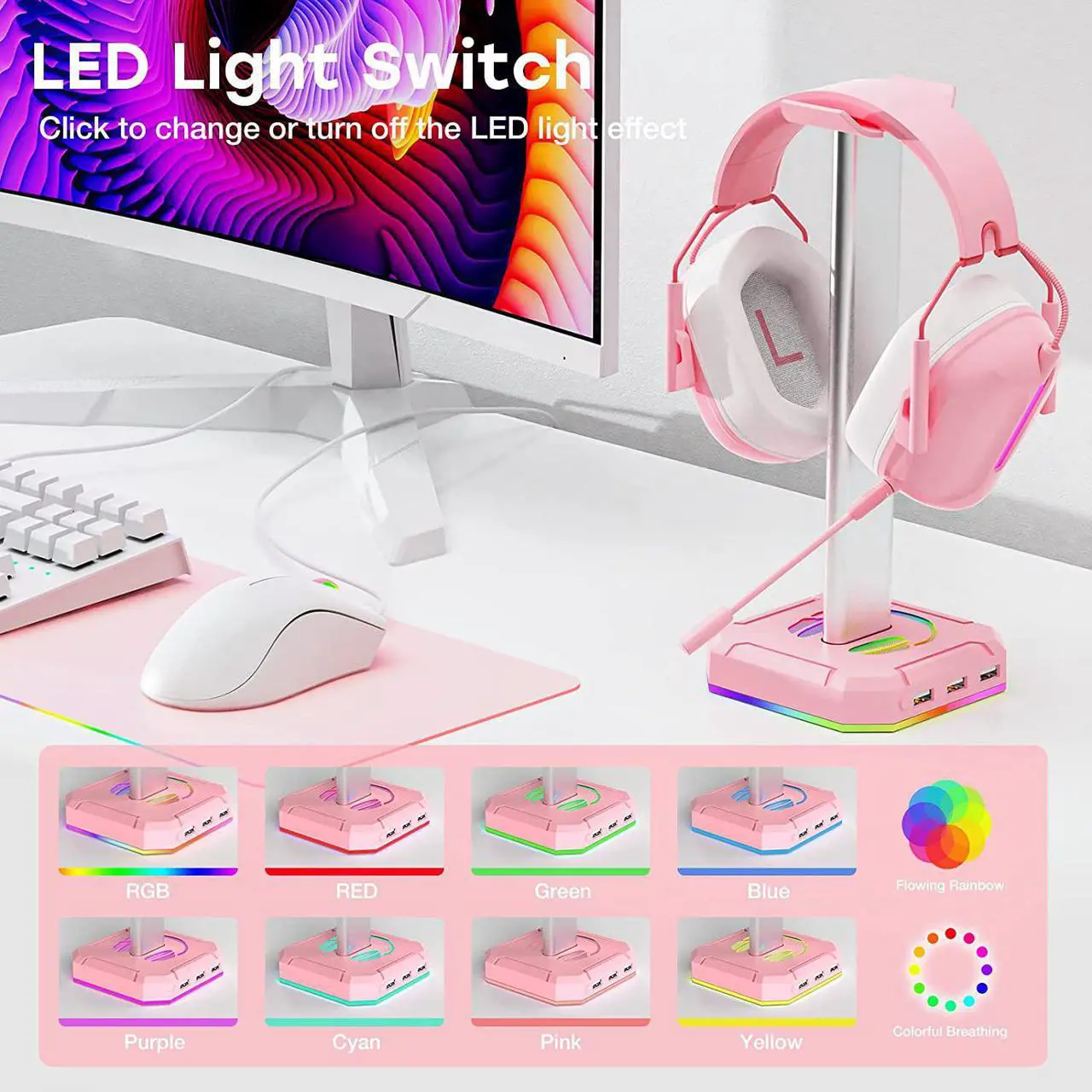 Alt view image 3 of 7 - Pink Headphone Stand RGB Lights Gaming Headset holder with Three USB Port for Desktop PC Game Accessories,Aluminium Connecting Rod, Light Toggles and Turns Off,9 kinds of lighting modes