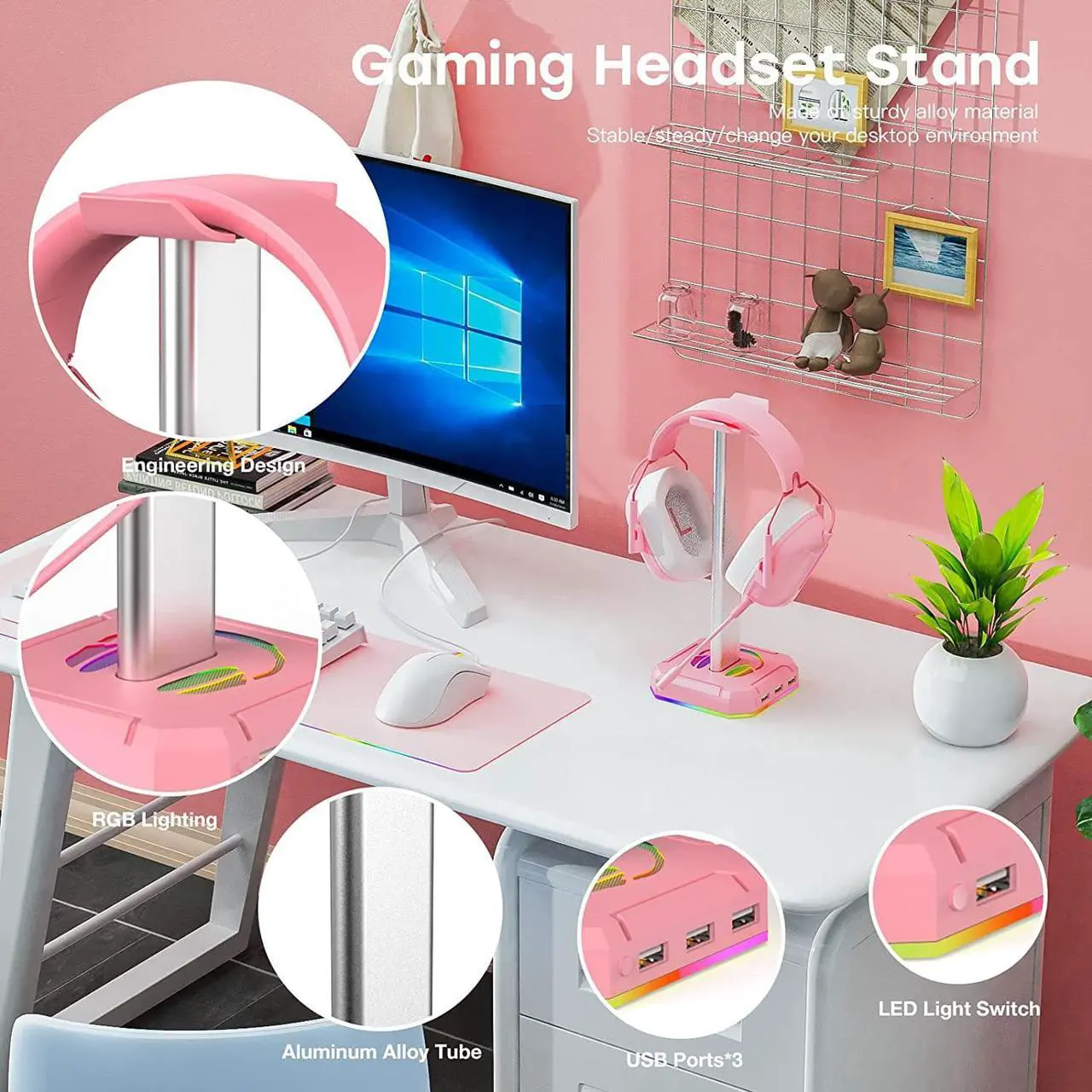 Alt view image 5 of 7 - Pink Headphone Stand RGB Lights Gaming Headset holder with Three USB Port for Desktop PC Game Accessories,Aluminium Connecting Rod, Light Toggles and Turns Off,9 kinds of lighting modes