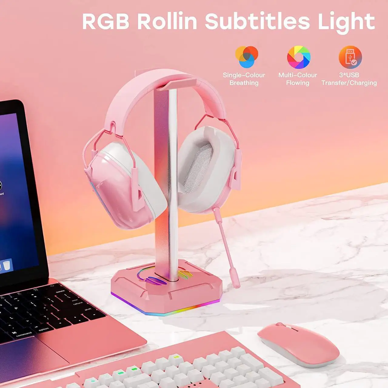 Alt view image 7 of 7 - Pink Headphone Stand RGB Lights Gaming Headset holder with Three USB Port for Desktop PC Game Accessories,Aluminium Connecting Rod, Light Toggles and Turns Off,9 kinds of lighting modes