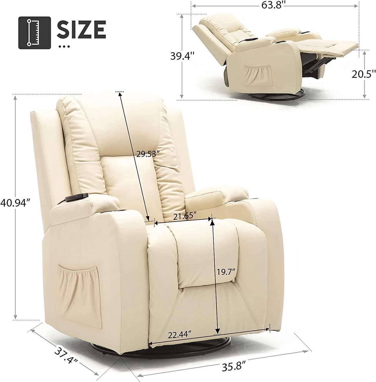 Alt view image 5 of 5 - Recliner Chair Massage Rocker with Heated Modern PU Leather Ergonomic Lounge 360 Degree Swivel Single Sofa Seat with Drink Holders Living Room Chair (Cream)