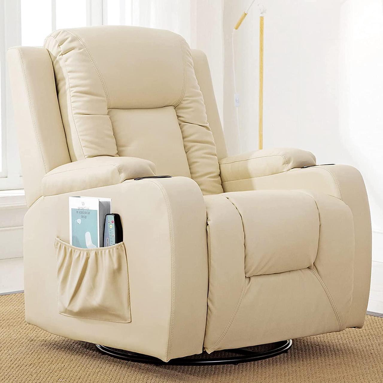 Main image of Recliner Chair Massage Rocker with Heated Modern PU Leather Ergonomic Lounge 360 Degree Swivel Single Sofa Seat with Drink Holders Living Room Chair (Cream)