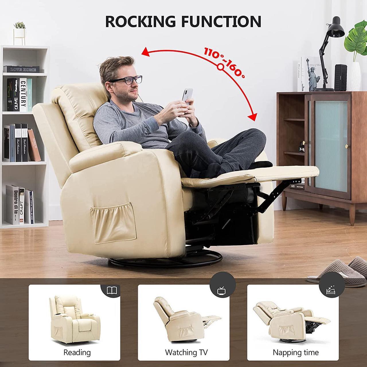 Alt view image 3 of 5 - Recliner Chair Massage Rocker with Heated Modern PU Leather Ergonomic Lounge 360 Degree Swivel Single Sofa Seat with Drink Holders Living Room Chair (Cream)