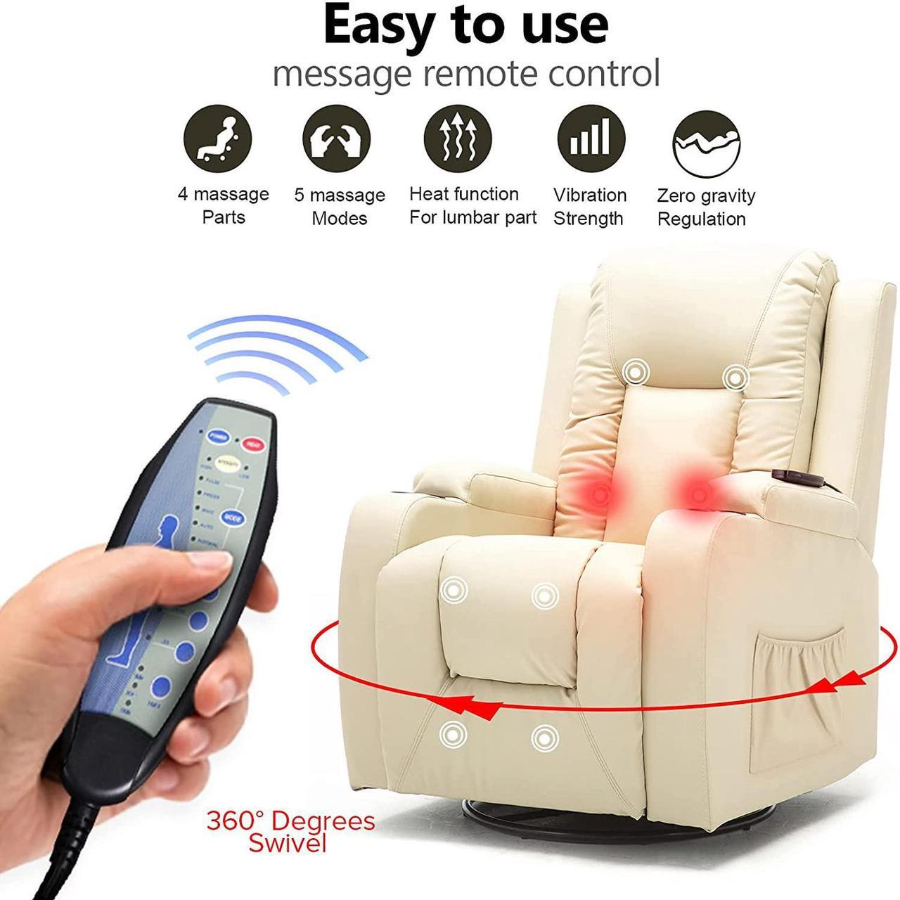 Alt view image 4 of 5 - Recliner Chair Massage Rocker with Heated Modern PU Leather Ergonomic Lounge 360 Degree Swivel Single Sofa Seat with Drink Holders Living Room Chair (Cream)