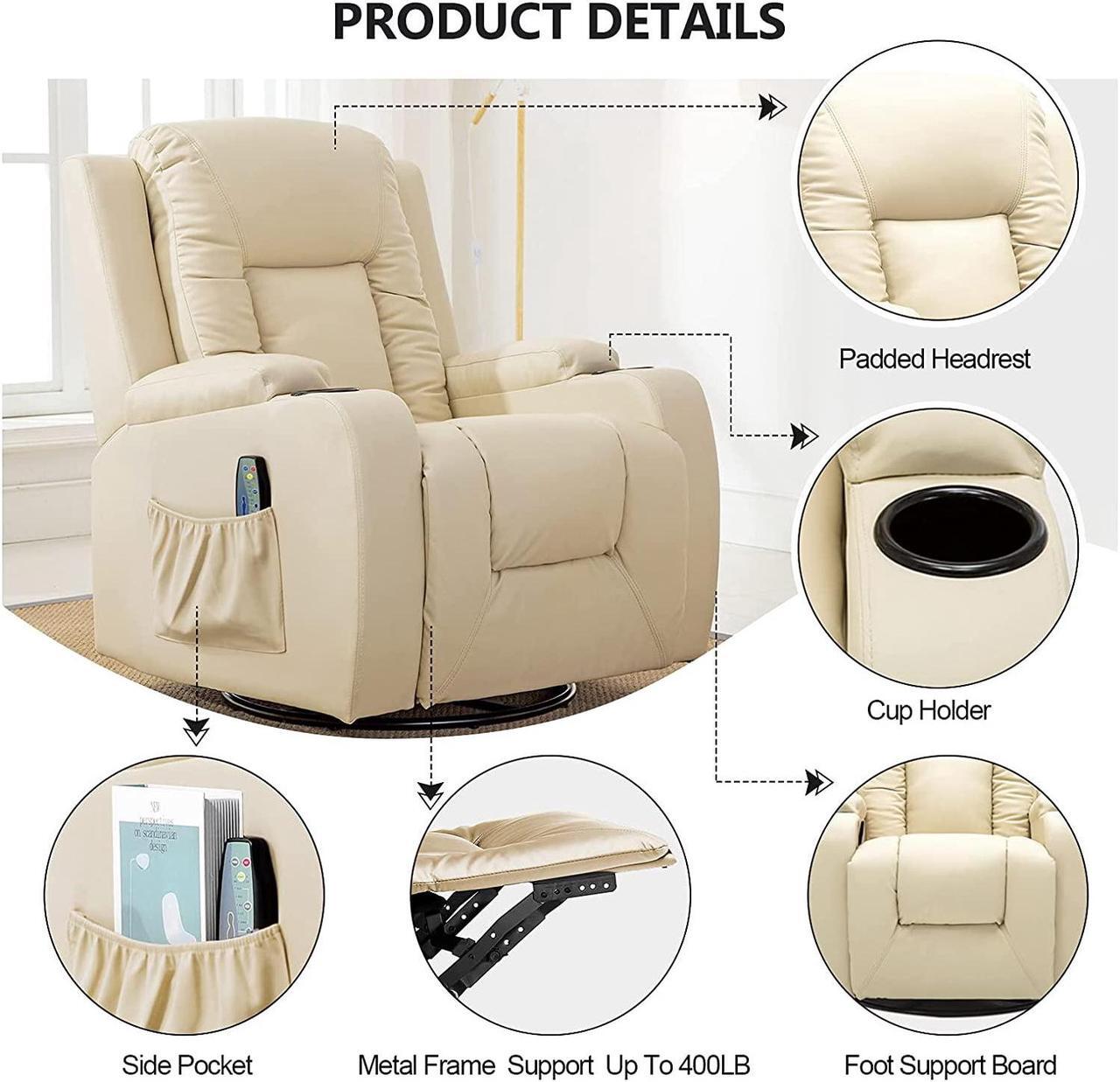Alt view image 2 of 5 - Recliner Chair Massage Rocker with Heated Modern PU Leather Ergonomic Lounge 360 Degree Swivel Single Sofa Seat with Drink Holders Living Room Chair (Cream)