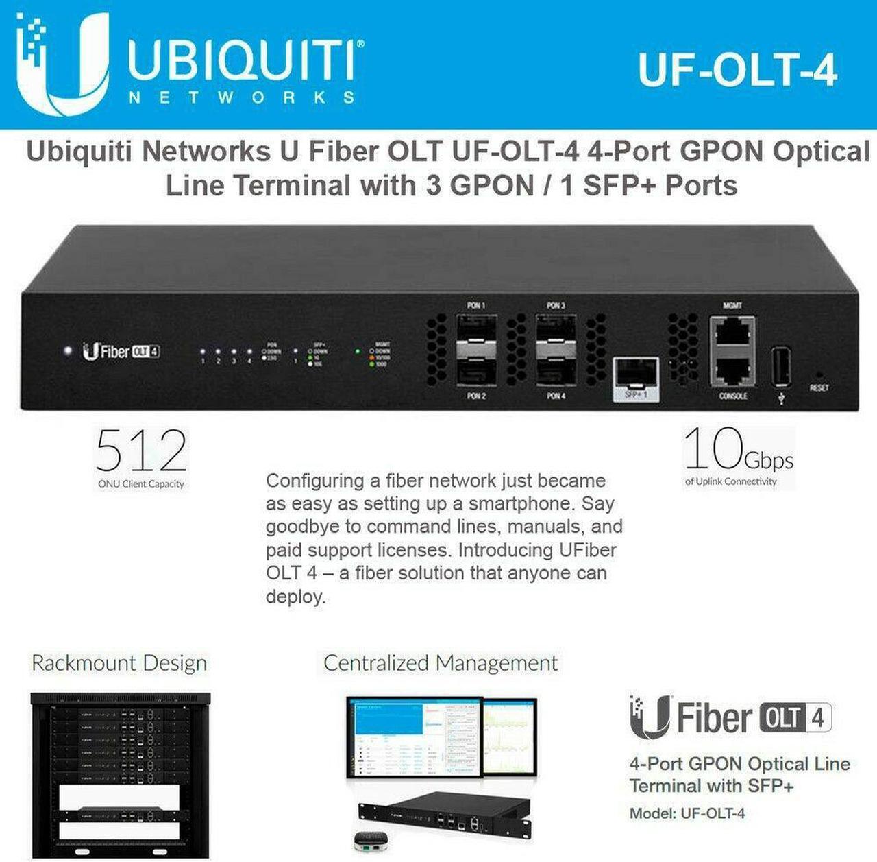 Alt view image 2 of 5 - Ubiquiti U Fiber OLT UF-OLT-4 4-Port GPON Optical Line Terminal with 3 GPON / 1