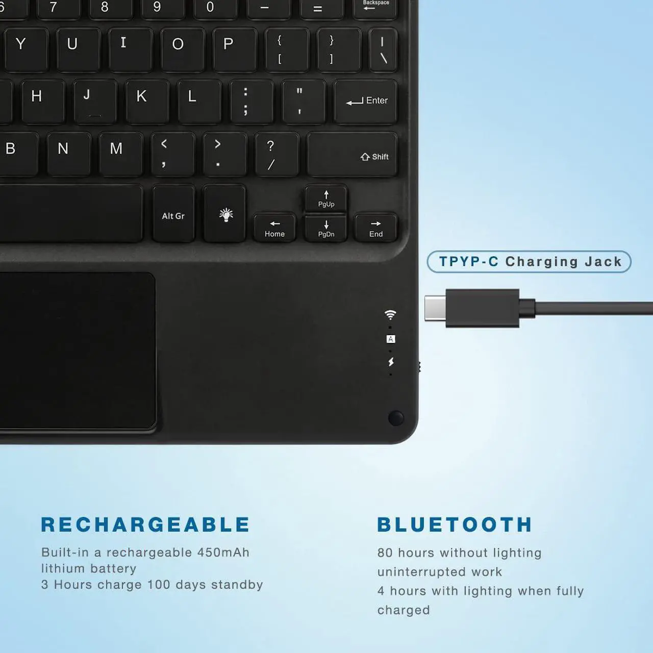 Alt view image 4 of 6 - Wireless Backlit Bluetooth Keyboard with Touchpad Ultra Slim 7-Colors Backlit Keyboard, Portable Rechargeable Keyboard for iOS iPhone/IPad/IPad Pro, Samsung Android Tablets, Windows.