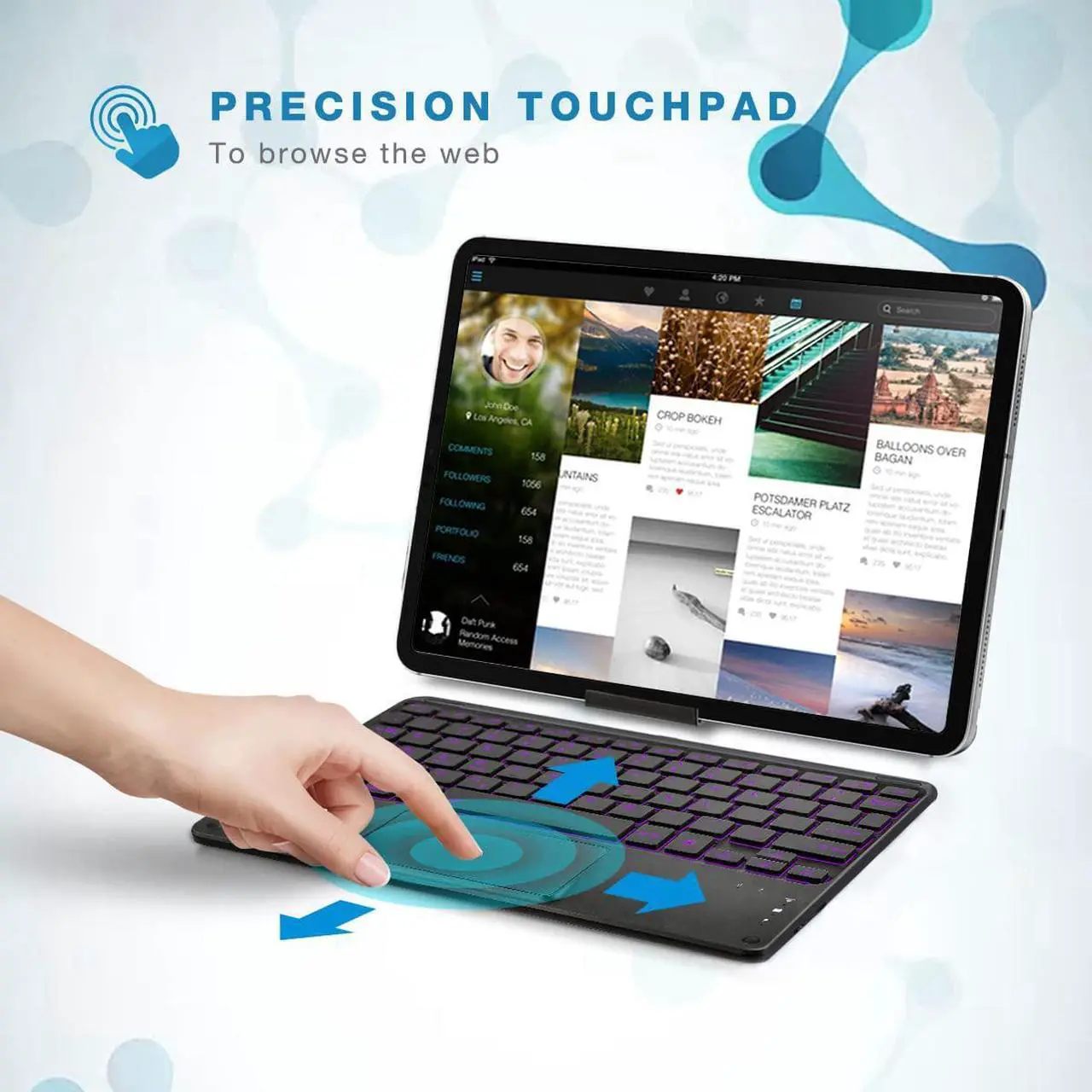 Alt view image 2 of 6 - Wireless Backlit Bluetooth Keyboard with Touchpad Ultra Slim 7-Colors Backlit Keyboard, Portable Rechargeable Keyboard for iOS iPhone/IPad/IPad Pro, Samsung Android Tablets, Windows.