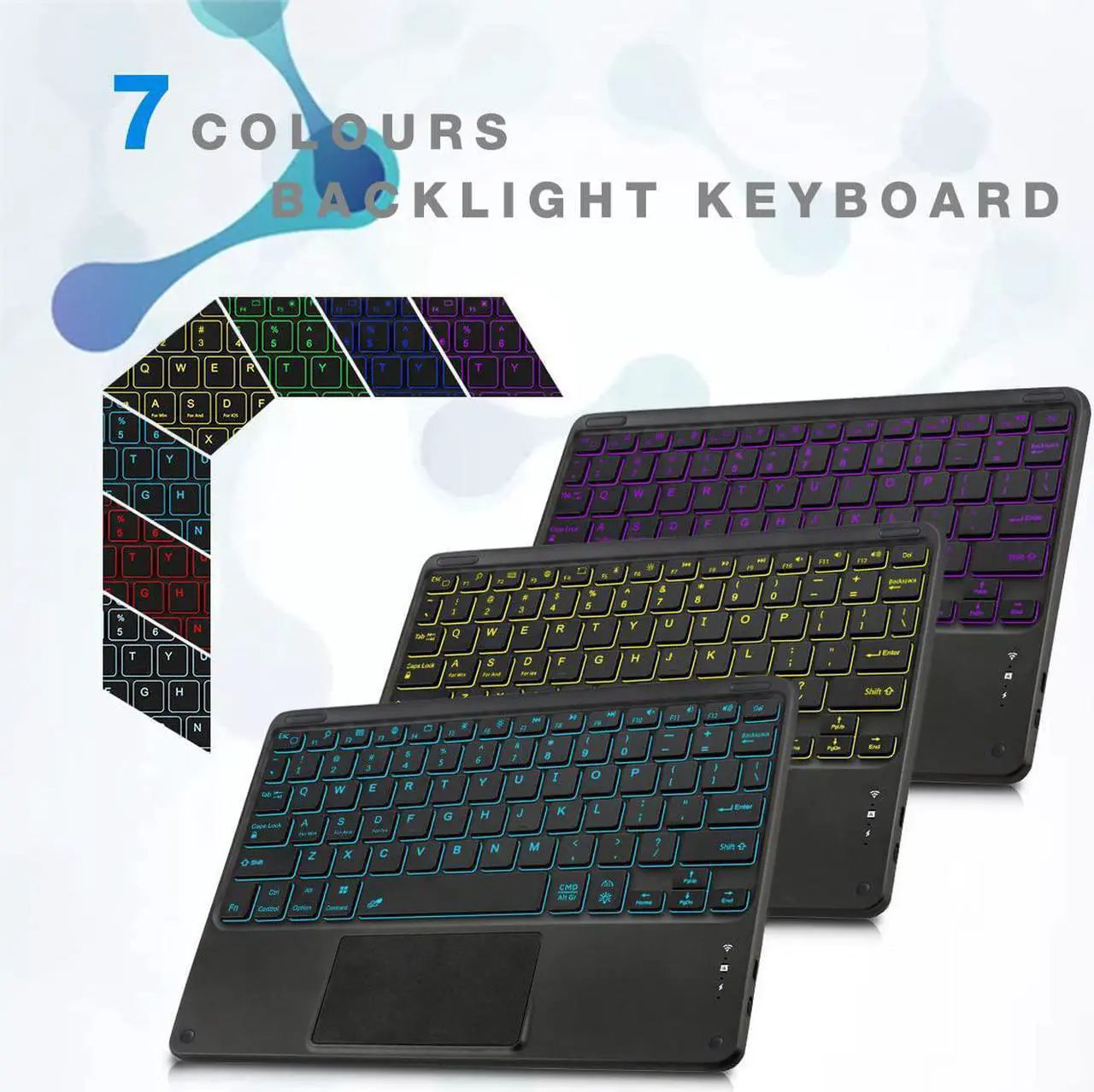 Alt view image 5 of 6 - Wireless Backlit Bluetooth Keyboard with Touchpad Ultra Slim 7-Colors Backlit Keyboard, Portable Rechargeable Keyboard for iOS iPhone/IPad/IPad Pro, Samsung Android Tablets, Windows.