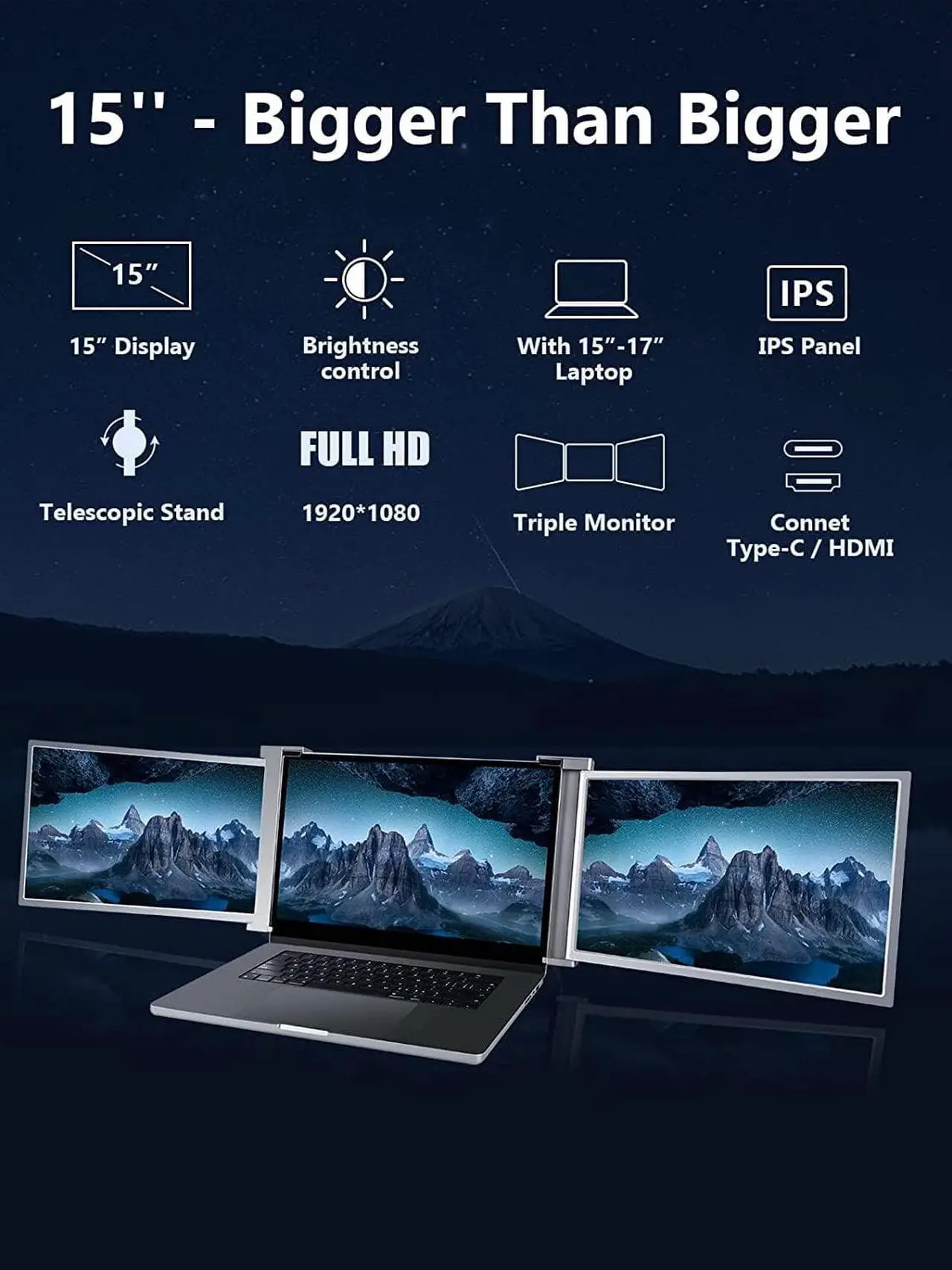 Alt view image 2 of 6 - 15 Inch Triple Portable Monitor, 1080P FHD Laptop Screen Extender, Dual Monitor for 15-17 Laptops, Plug & Play Triple Laptop Monitor Extender for Laptop & Switch & Xbox, Type-C/HDMI/USB-A Port