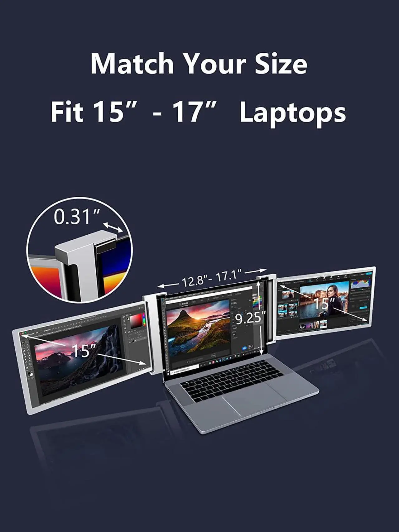 Alt view image 4 of 6 - 15 Inch Triple Portable Monitor, 1080P FHD Laptop Screen Extender, Dual Monitor for 15-17 Laptops, Plug & Play Triple Laptop Monitor Extender for Laptop & Switch & Xbox, Type-C/HDMI/USB-A Port