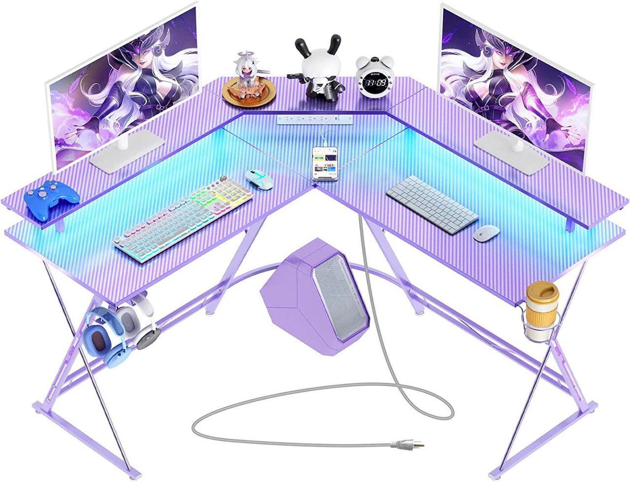 Main image of Gaming Desk 50.4 with LED Strip & Power Outlets, L-Shaped Computer Corner Desk Carbon Fiber Surface with Monitor Stand, Ergonomic Gamer Table with Cup Holder, Headphone Hook, Purple