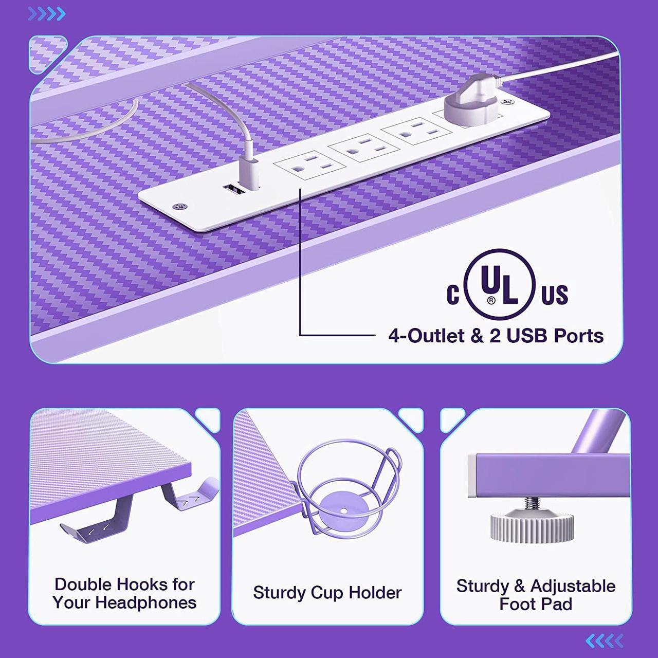 Alt view image 4 of 7 - Gaming Desk 50.4 with LED Strip & Power Outlets, L-Shaped Computer Corner Desk Carbon Fiber Surface with Monitor Stand, Ergonomic Gamer Table with Cup Holder, Headphone Hook, Purple