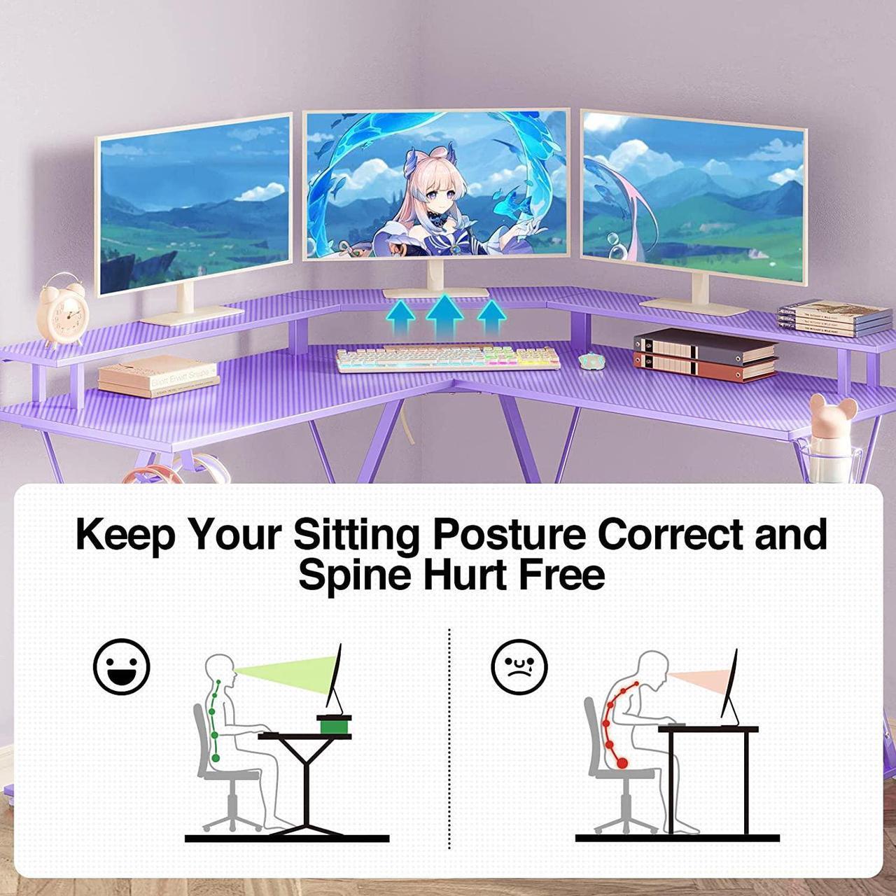Alt view image 5 of 7 - Gaming Desk 50.4 with LED Strip & Power Outlets, L-Shaped Computer Corner Desk Carbon Fiber Surface with Monitor Stand, Ergonomic Gamer Table with Cup Holder, Headphone Hook, Purple
