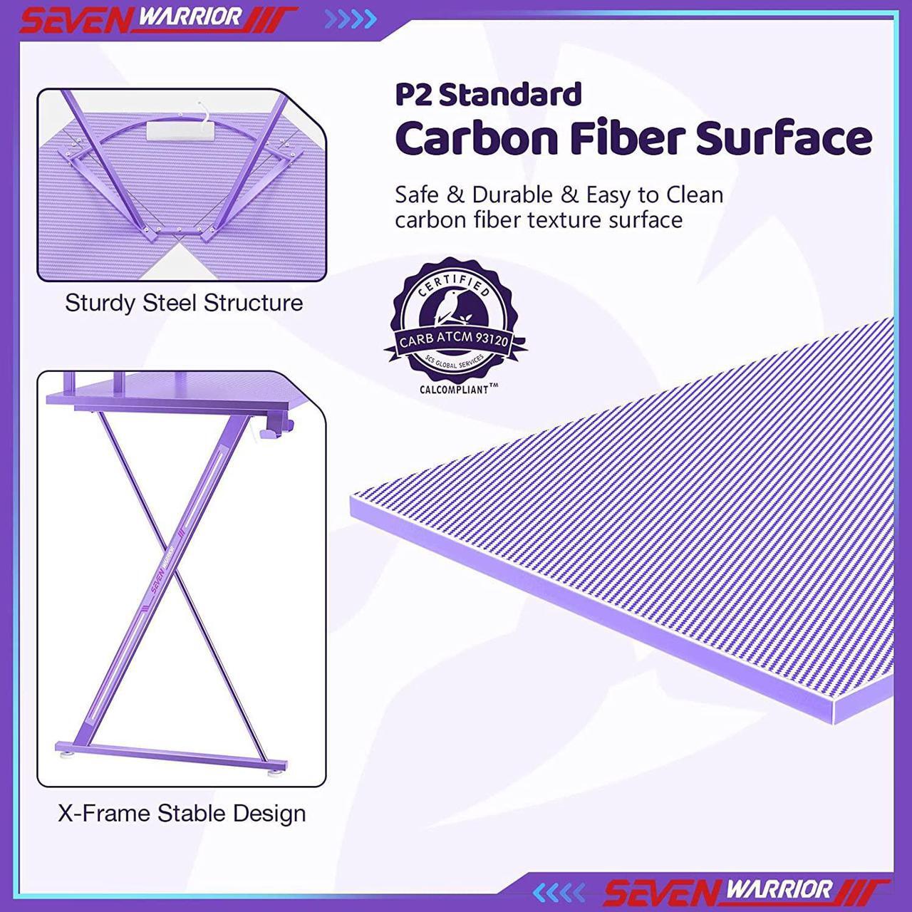 Alt view image 6 of 7 - Gaming Desk 50.4 with LED Strip & Power Outlets, L-Shaped Computer Corner Desk Carbon Fiber Surface with Monitor Stand, Ergonomic Gamer Table with Cup Holder, Headphone Hook, Purple
