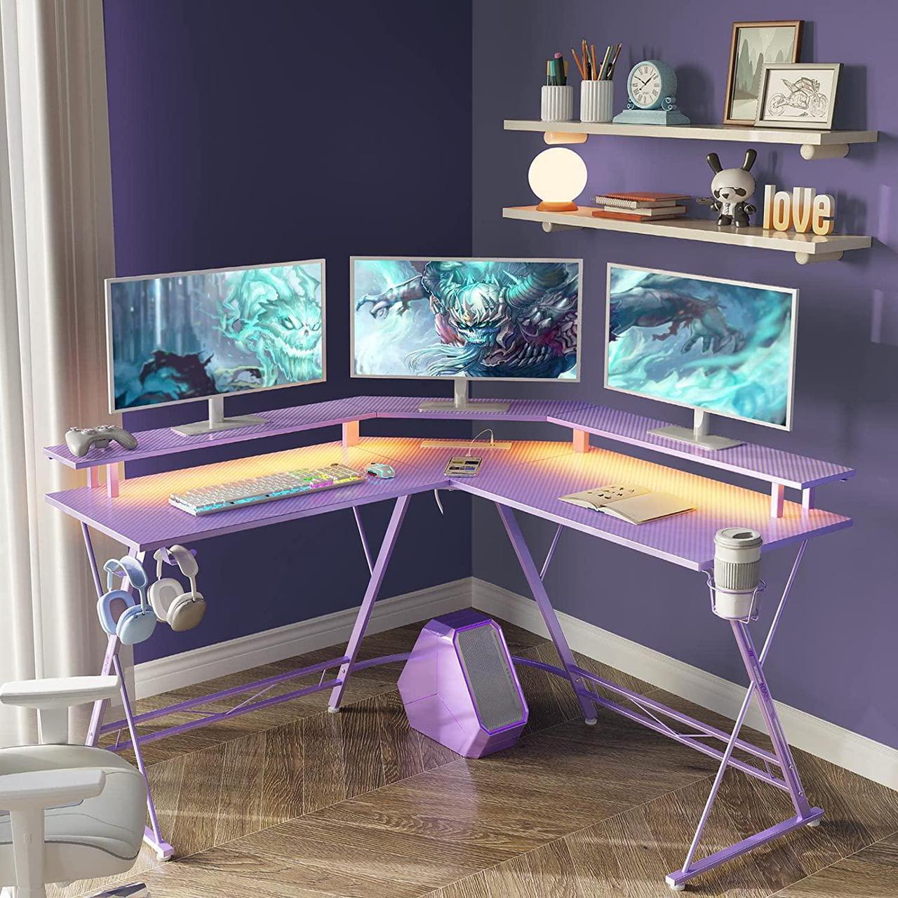 Alt view image 2 of 7 - Gaming Desk 50.4 with LED Strip & Power Outlets, L-Shaped Computer Corner Desk Carbon Fiber Surface with Monitor Stand, Ergonomic Gamer Table with Cup Holder, Headphone Hook, Purple