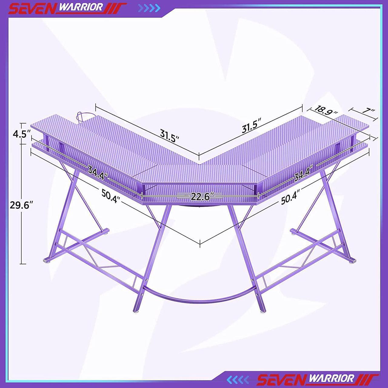 Alt view image 7 of 7 - Gaming Desk 50.4 with LED Strip & Power Outlets, L-Shaped Computer Corner Desk Carbon Fiber Surface with Monitor Stand, Ergonomic Gamer Table with Cup Holder, Headphone Hook, Purple