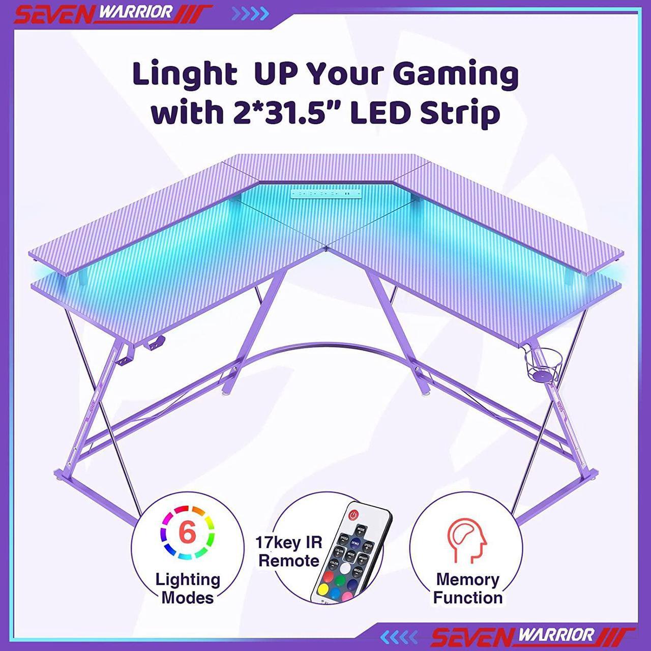 Alt view image 3 of 7 - Gaming Desk 50.4 with LED Strip & Power Outlets, L-Shaped Computer Corner Desk Carbon Fiber Surface with Monitor Stand, Ergonomic Gamer Table with Cup Holder, Headphone Hook, Purple