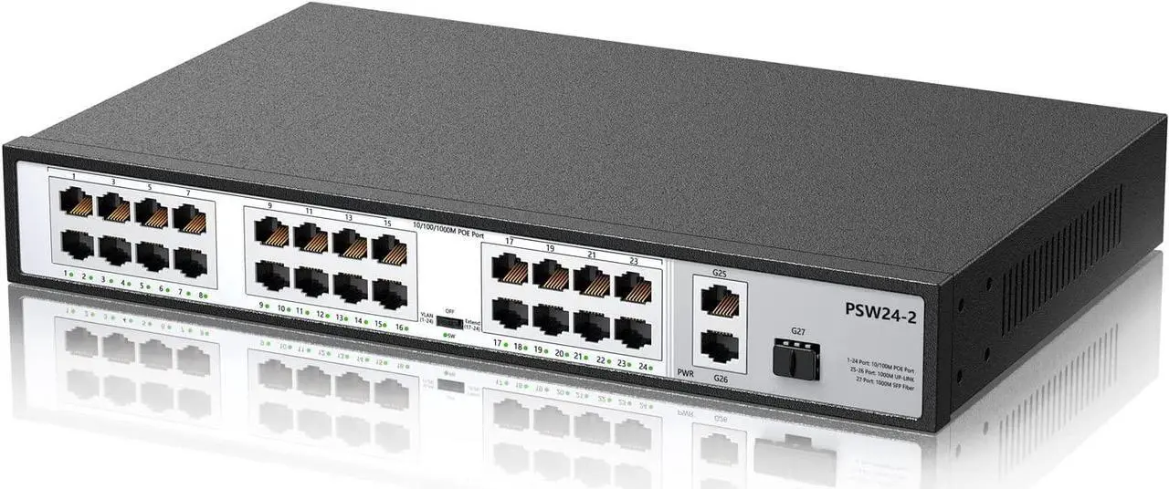 Main image of 26 Port PoE Switch, 24 Port 10/100Mbps PoE+ Network Switch, Ethernet Switch Unmanaged with 2 Gigabit Uplink Ports, Up to 30W Per Port, High Power Total Budget 300W, 803.af/at Compliant, Rack Mount