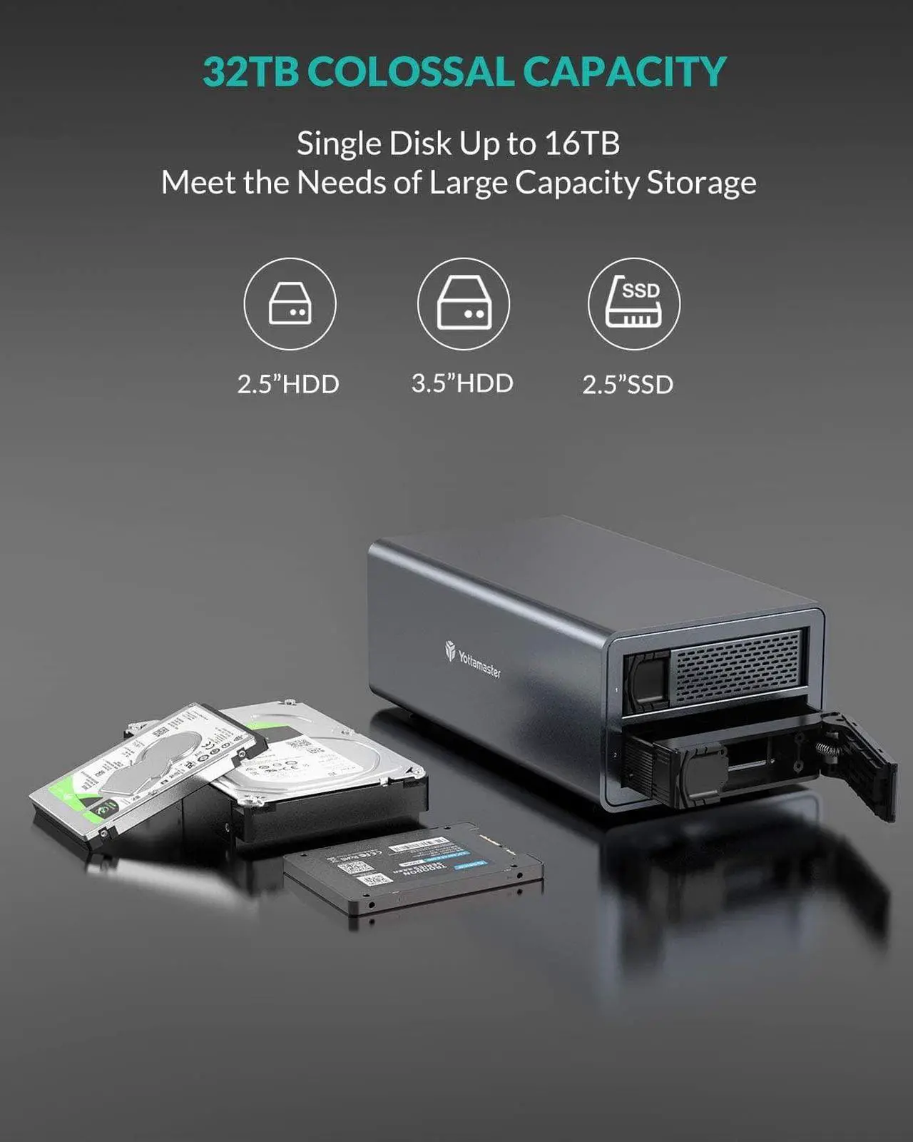 Alt view image 2 of 7 - Dual Bay Hard Drive Enclosure,Aluminum USB3.0 2 Bay HDD Enclosure for 2.5"/3.5" SATA HDD/SSD Support 2 x 16 TB-40mm Silent Fan, SATA 3.0 6Gbps