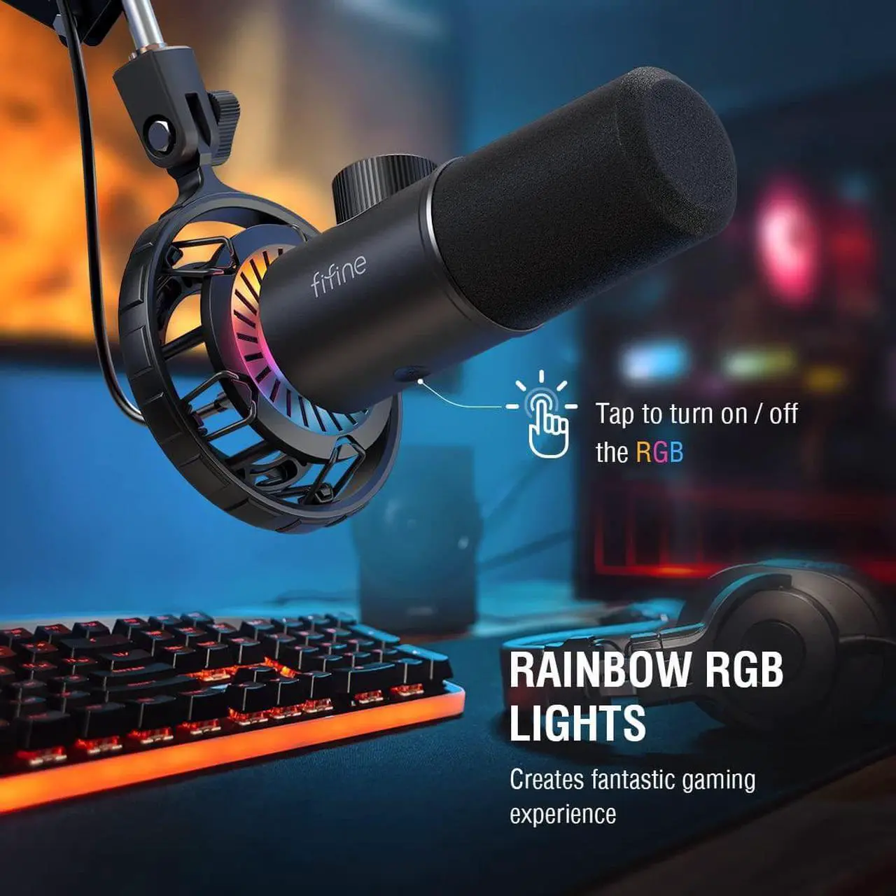 Alt view image 3 of 7 - USB Gaming Microphone, FIFINE RGB Dynamic Mic for PC, with Tap-to-Mute Button, Plug & Play Cardioid Mic with Headphone Jack for Streaming, Podcast, Twitch, YouTube, Discord