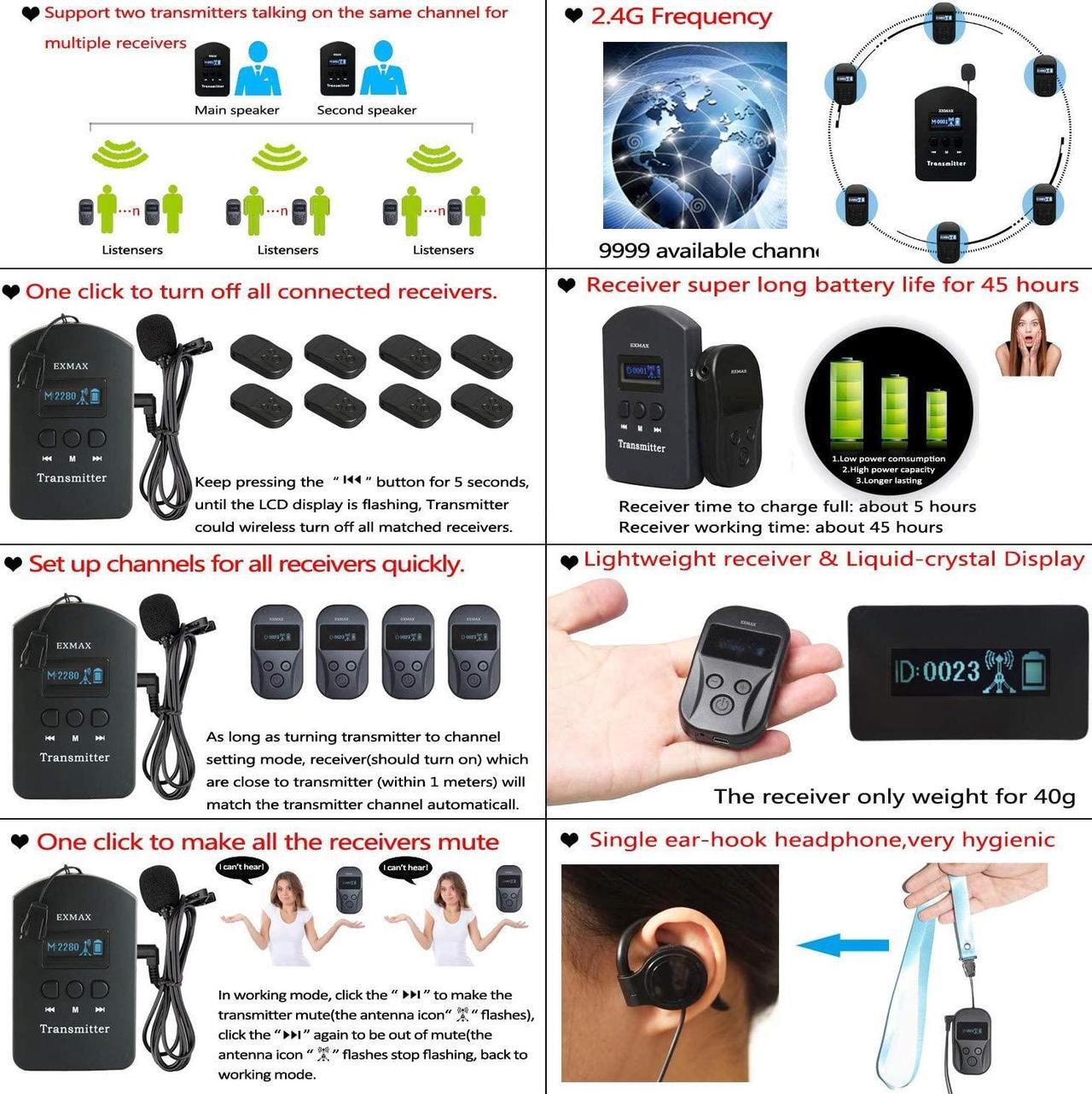 Alt view image 3 of 7 - 2.4GHz Wireless Audio Tour Guide System for Industry Visit, Civic Meeting, Corporate/Government Visitant Reception, Student Training - 2 Transmitters 15 Receivers & Silver Storage Case