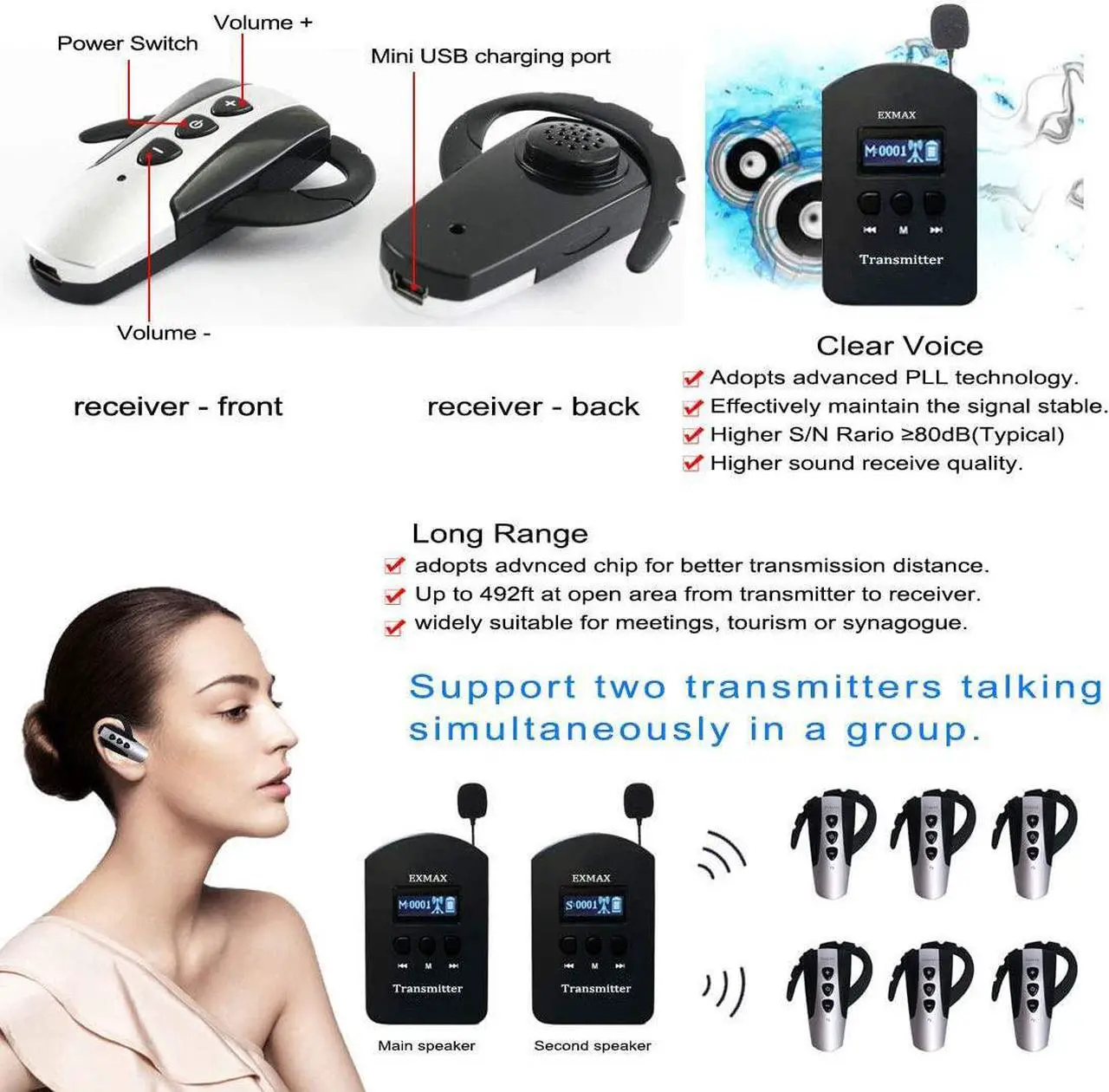 Alt view image 6 of 7 - 2.4G Hands-free Audio Tour Guide System with 9999 Channel ID for Interpreter to Simultaneous Interpretation,for Tour Guide to travel(2 Transmitters 30 Receivers & 32-slot Charge Case)