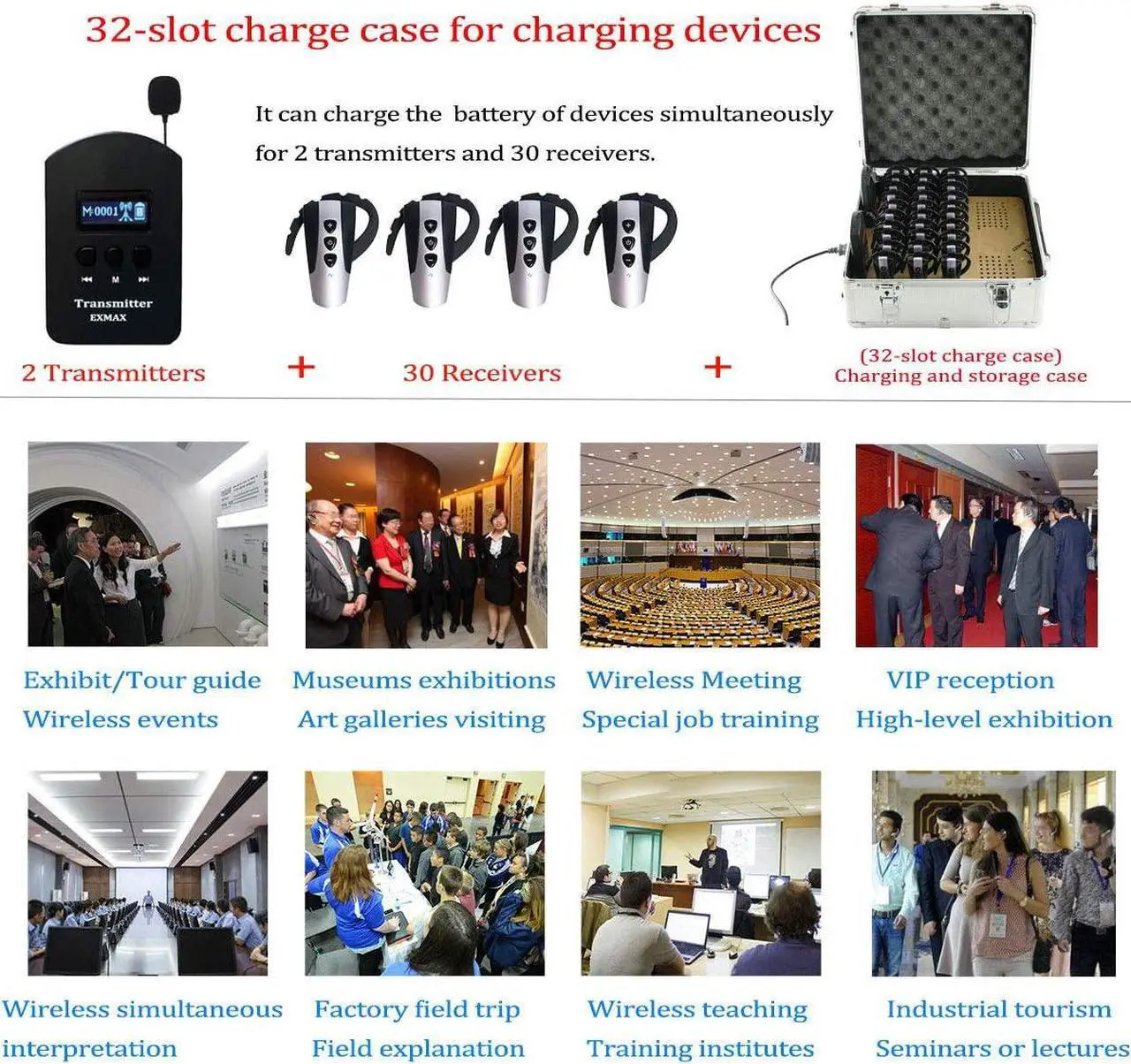 Alt view image 7 of 7 - 2.4G Hands-free Audio Tour Guide System with 9999 Channel ID for Interpreter to Simultaneous Interpretation,for Tour Guide to travel(2 Transmitters 30 Receivers & 32-slot Charge Case)