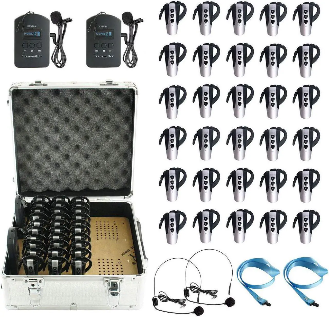 Main image of 2.4G Hands-free Audio Tour Guide System with 9999 Channel ID for Interpreter to Simultaneous Interpretation,for Tour Guide to travel(2 Transmitters 30 Receivers & 32-slot Charge Case)