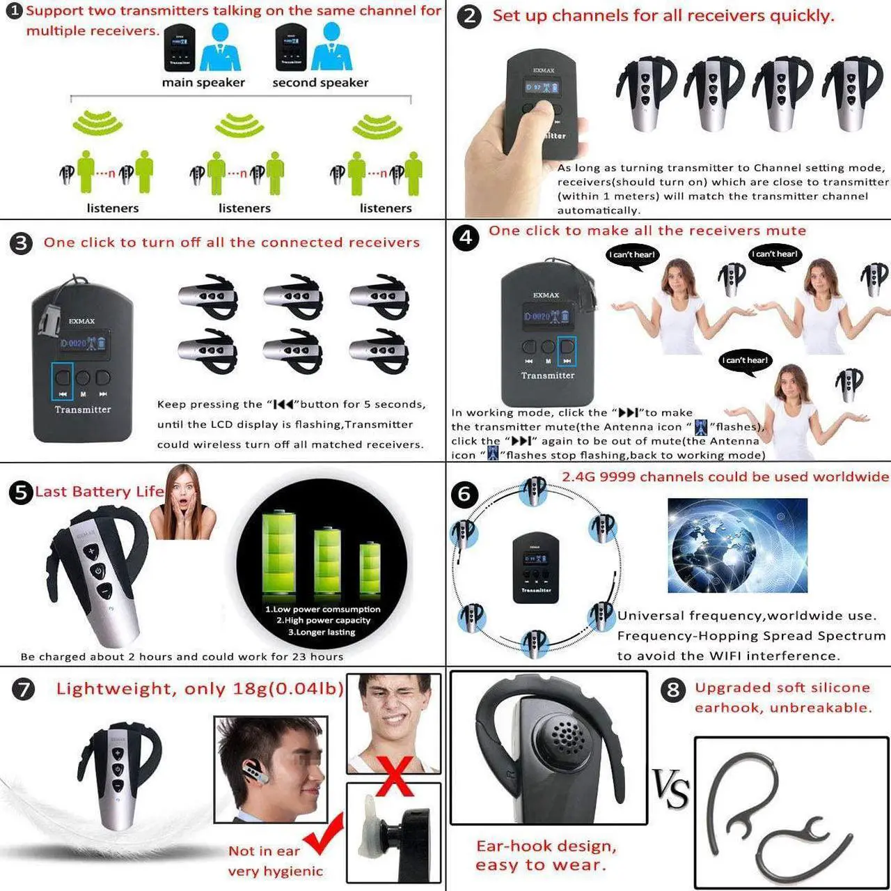 Alt view image 3 of 7 - 2.4G Hands-free Audio Tour Guide System with 9999 Channel ID for Interpreter to Simultaneous Interpretation,for Tour Guide to travel(2 Transmitters 30 Receivers & 32-slot Charge Case)