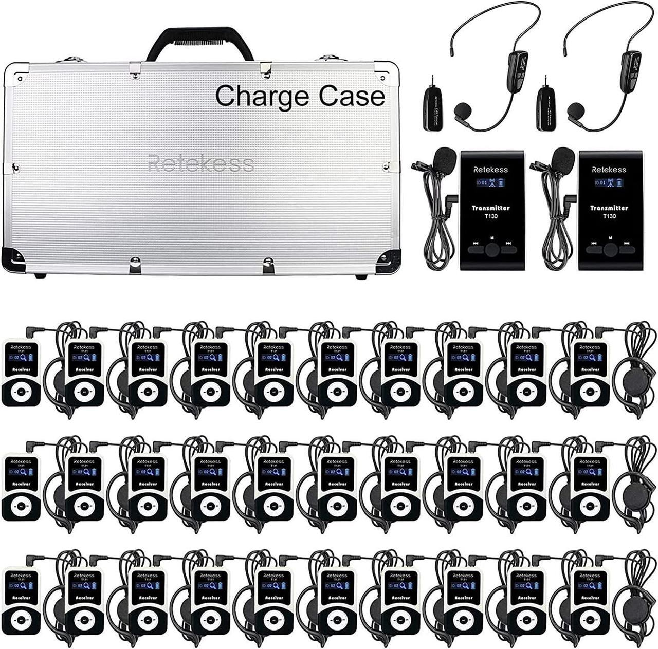 Main image of Case of 2 Transmitter 30 Receiver 1 Charging Case, Retekess T130, Tour Guide Audio System with 2 TT123 Wireless Microphone, Church Translation Equipment for Factory, School, Training