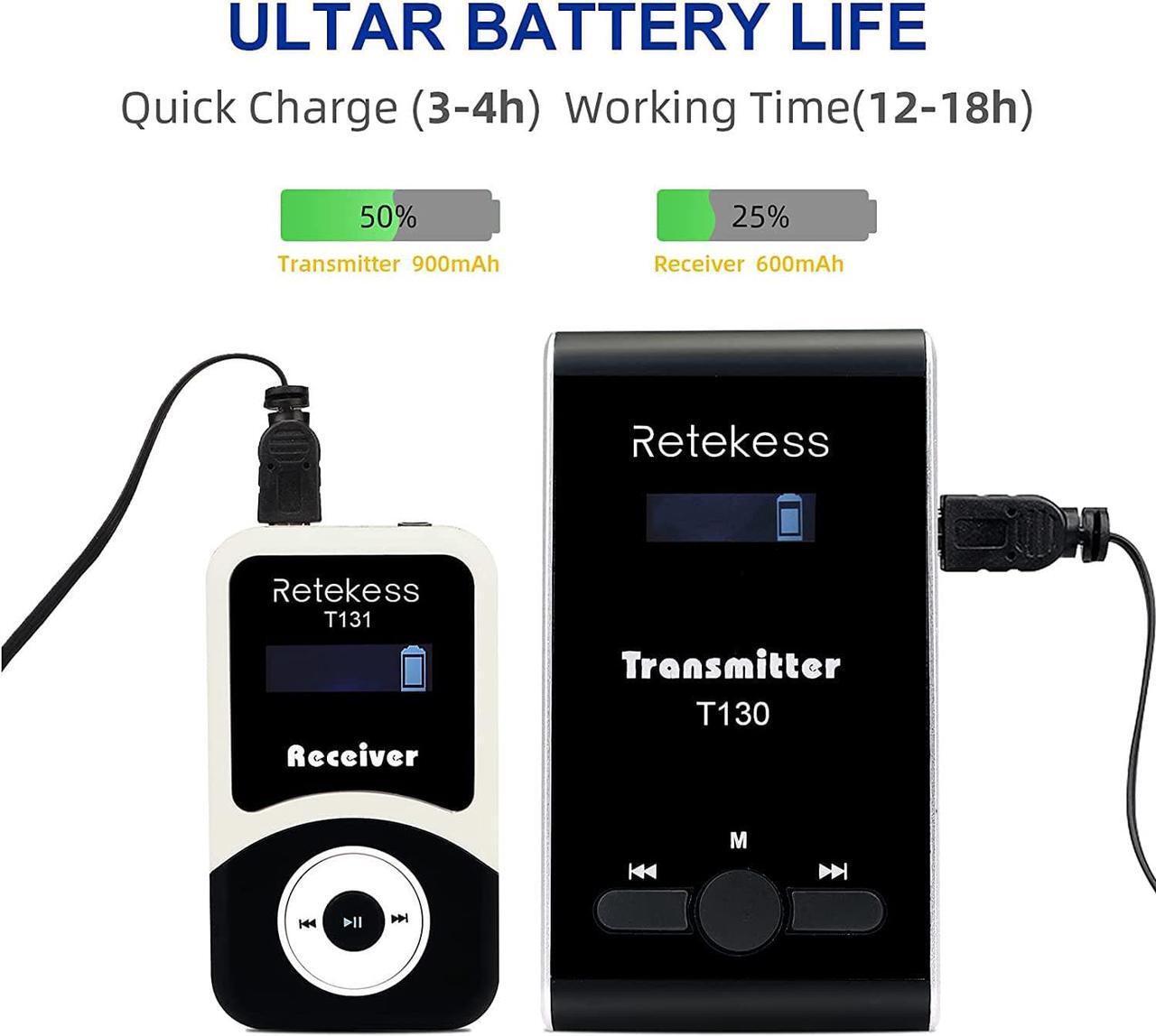 Alt view image 3 of 7 - Case of 2 Transmitter 30 Receiver 1 Charging Case, Retekess T130, Tour Guide Audio System with 2 TT123 Wireless Microphone, Church Translation Equipment for Factory, School, Training