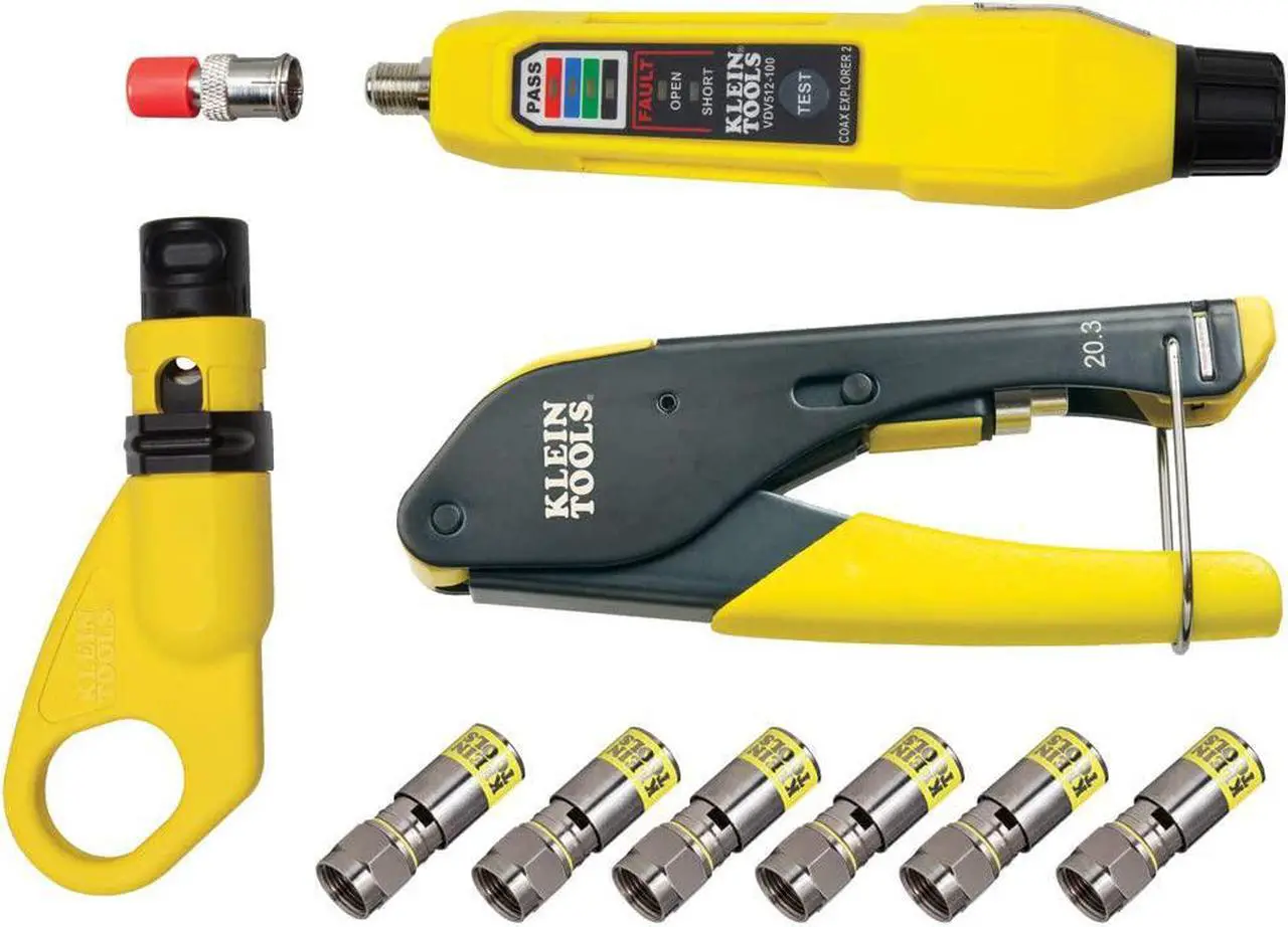 Main image of Klein Tools VDV002-818 Coax Install and Test Kit with Crimp Tool, Includes Tester, Stripper and Universal F Connectors