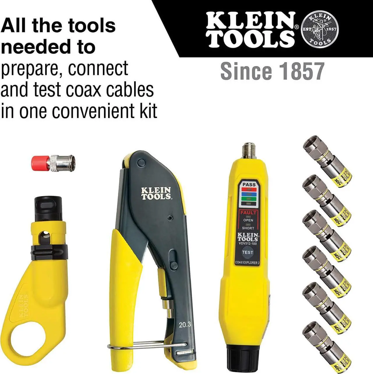 Alt view image 2 of 12 - Klein Tools VDV002-818 Coax Install and Test Kit with Crimp Tool, Includes Tester, Stripper and Universal F Connectors