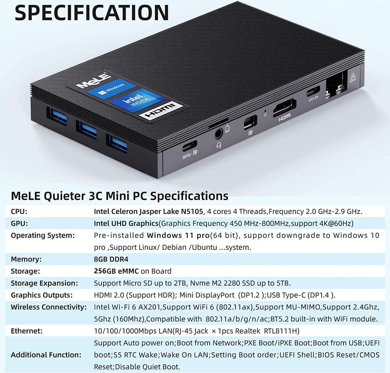 Alt view image 6 of 7 - Mini PC Computer N5105(up to 2.9GHz) Mini Desktop Computers Windows 11 Pro, 8GB DDR(2933MHz)/ 256GB eMMC Micro Computer Tower Support 4K HDR Dual Wi-Fi6 BT 5.2 for Business Home Office