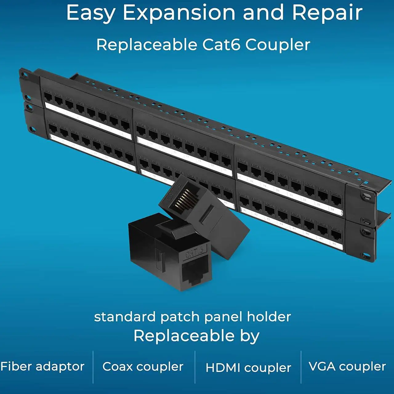 Alt view image 4 of 7 - Patch Panel 48 Port Cat6 with Inline Keystone 10G Support,Pass-Thru Coupler Patch Panel UTP 19-Inch with Removable Back Bar, 1U Network Patch Panel for Cat6, Cat5e, Cat5 Cabling