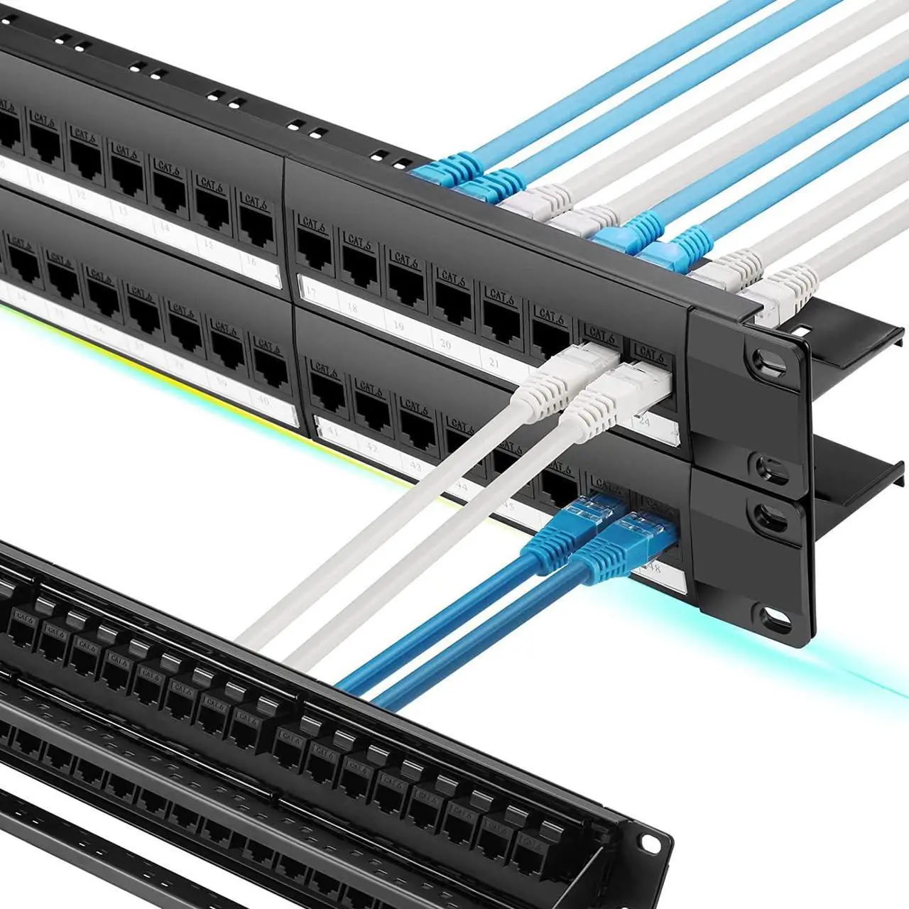 Main image of Patch Panel 48 Port Cat6 with Inline Keystone 10G Support,Pass-Thru Coupler Patch Panel UTP 19-Inch with Removable Back Bar, 1U Network Patch Panel for Cat6, Cat5e, Cat5 Cabling