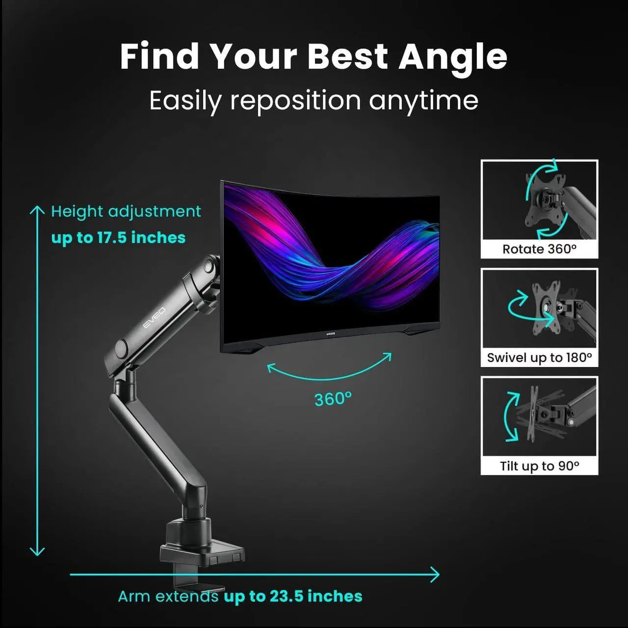Alt view image 6 of 6 - Premium Single Monitor Arm - Adjustable Monitor Desk Mount - Full Swivel Single Monitor Mount Stand for 17 to 32 inch Computer Monitor Mount VESA Mount, Holds 17.6lbs/arm - Desk Monitor Mount