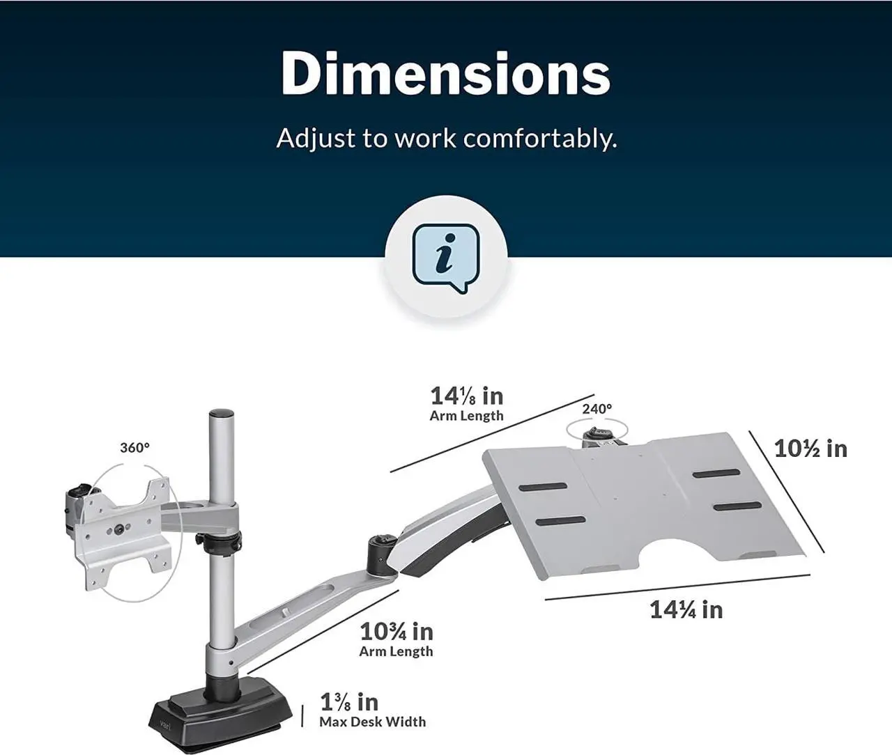 Alt view image 7 of 7 - Monitor Arm + Laptop Stand - VESA Monitor Mount with 360 Degree Rotation & 15" Laptop Stand with Adjustable Height - Monitor up to 27 inches, 19.8 lbs - Single Monitor & Laptop Mount