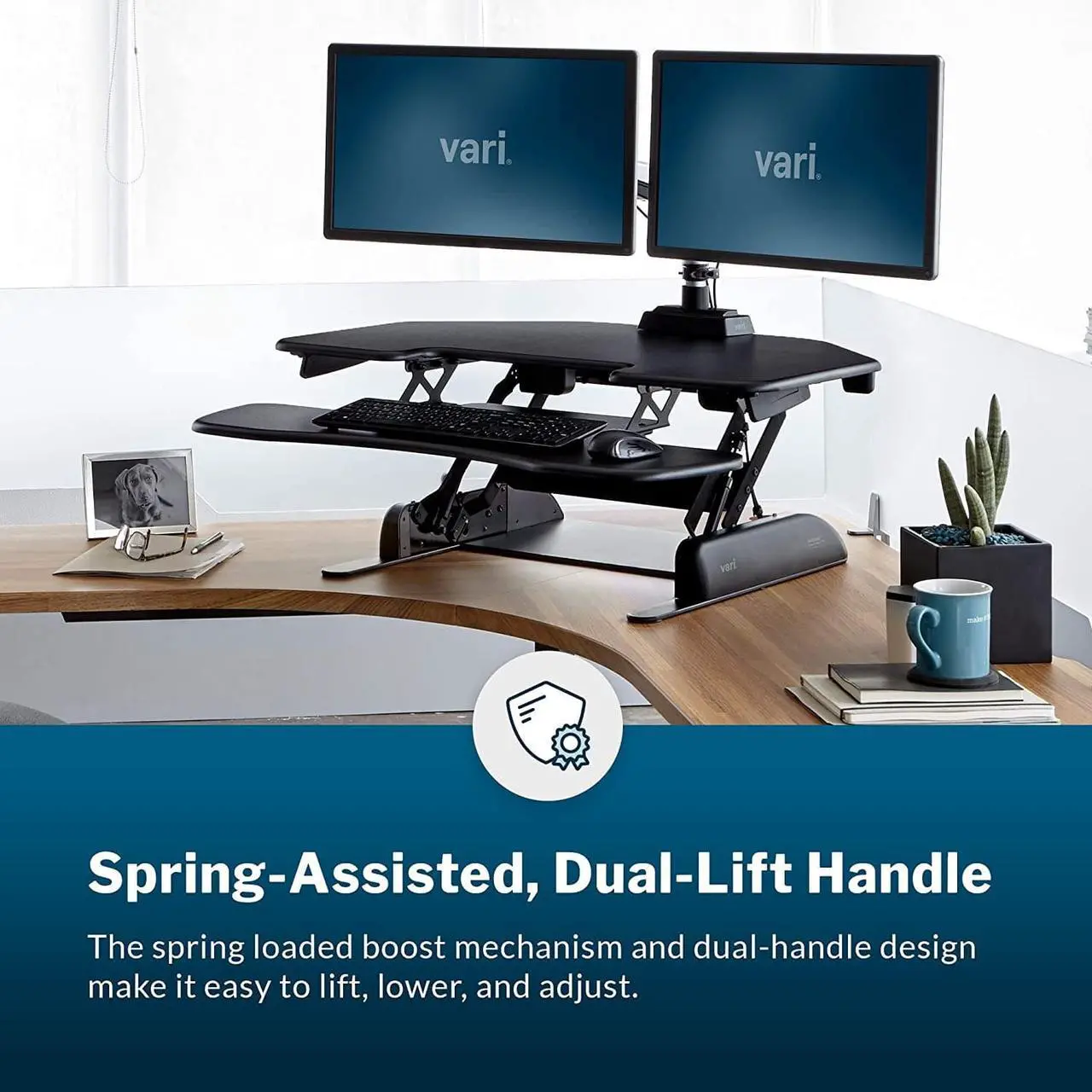 Alt view image 6 of 7 - VariDesk Cube Corner 36 by Vari - Cubicle Standing Desk Converter for Dual Monitors - Home Office Desk with 11 Height Adjustable Settings, Spring-Assisted Lift, Weighted Base - Fully Assembled, Black
