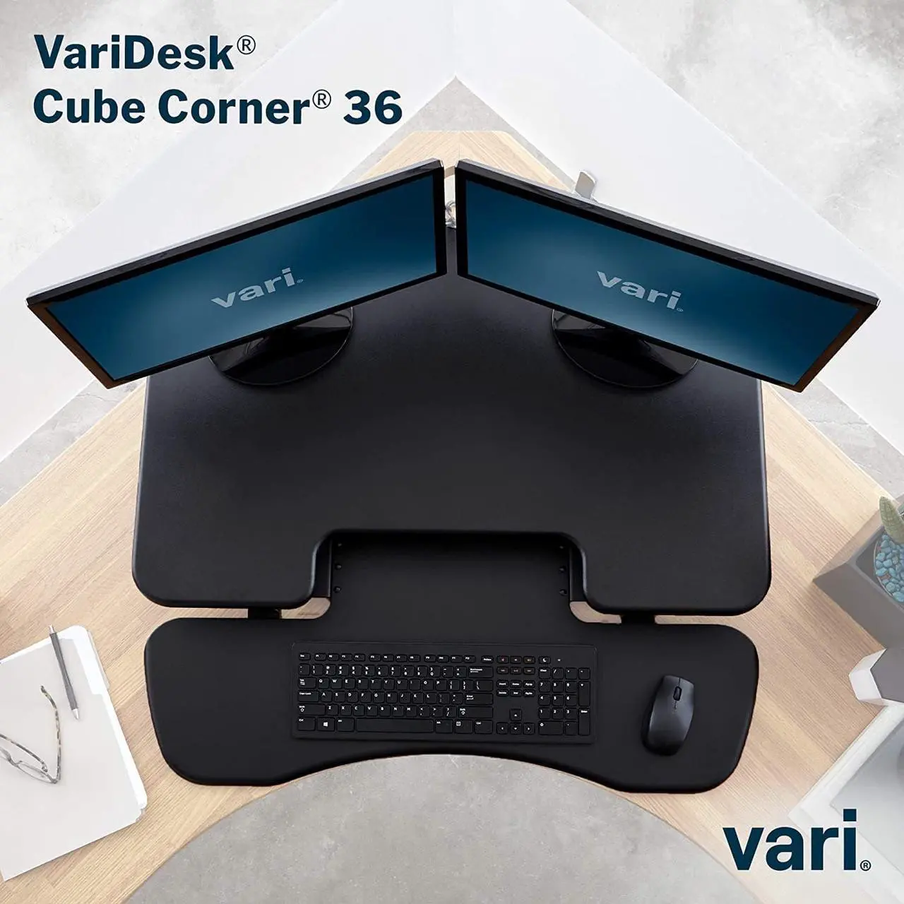 Alt view image 3 of 7 - VariDesk Cube Corner 36 by Vari - Cubicle Standing Desk Converter for Dual Monitors - Home Office Desk with 11 Height Adjustable Settings, Spring-Assisted Lift, Weighted Base - Fully Assembled, Black